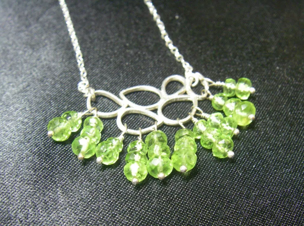 Green Peridot Leaves, Silver Chain Necklace