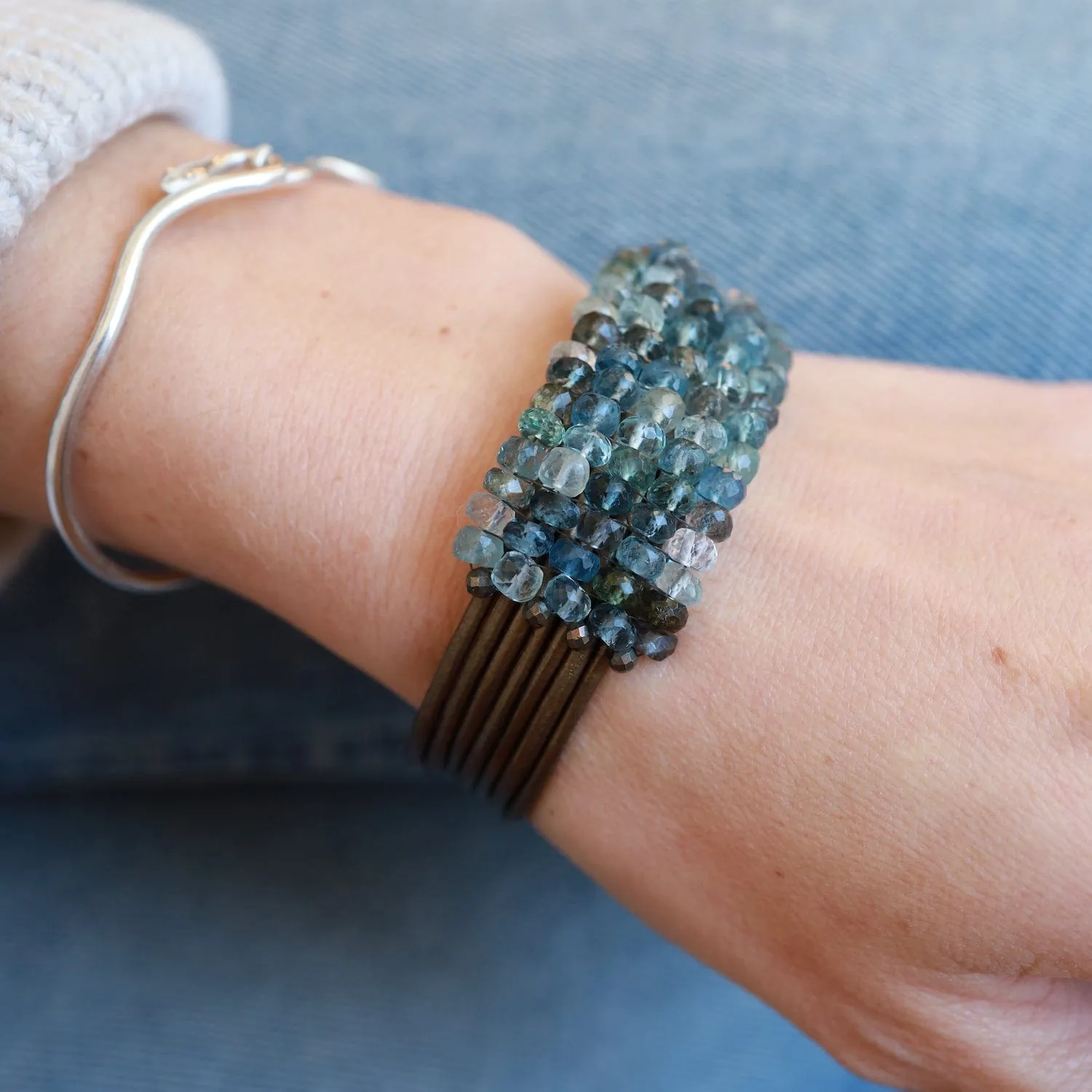 Hand Stitched Copper Infused Aquamarine Bracelet