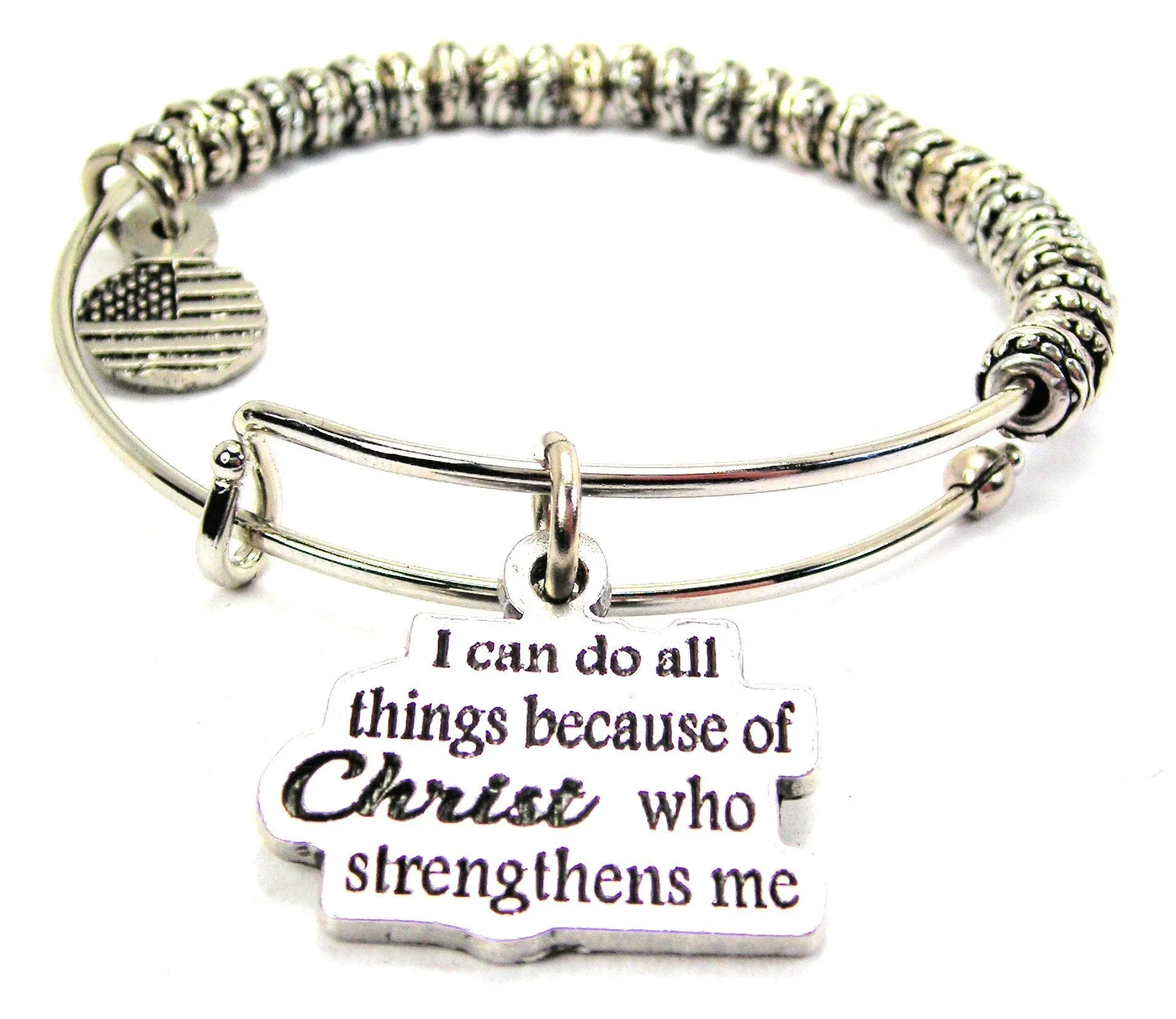 I Can Do All Things Because Of Christ Who Strengthens Me Pewter Beaded Bangle Bracelet