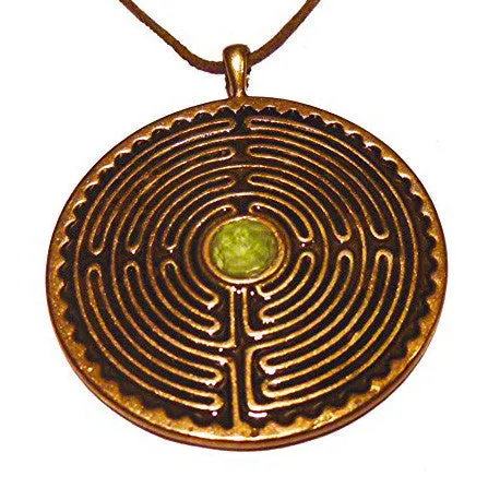 Labyrinth Peace Bronze Pendant Necklace with 6mm Peridot Stone on Adjustable Natural Fiber Cord