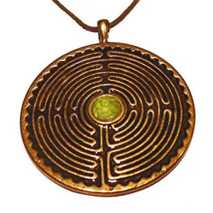 Labyrinth Peace Bronze Pendant Necklace with 6mm Peridot Stone on Adjustable Natural Fiber Cord