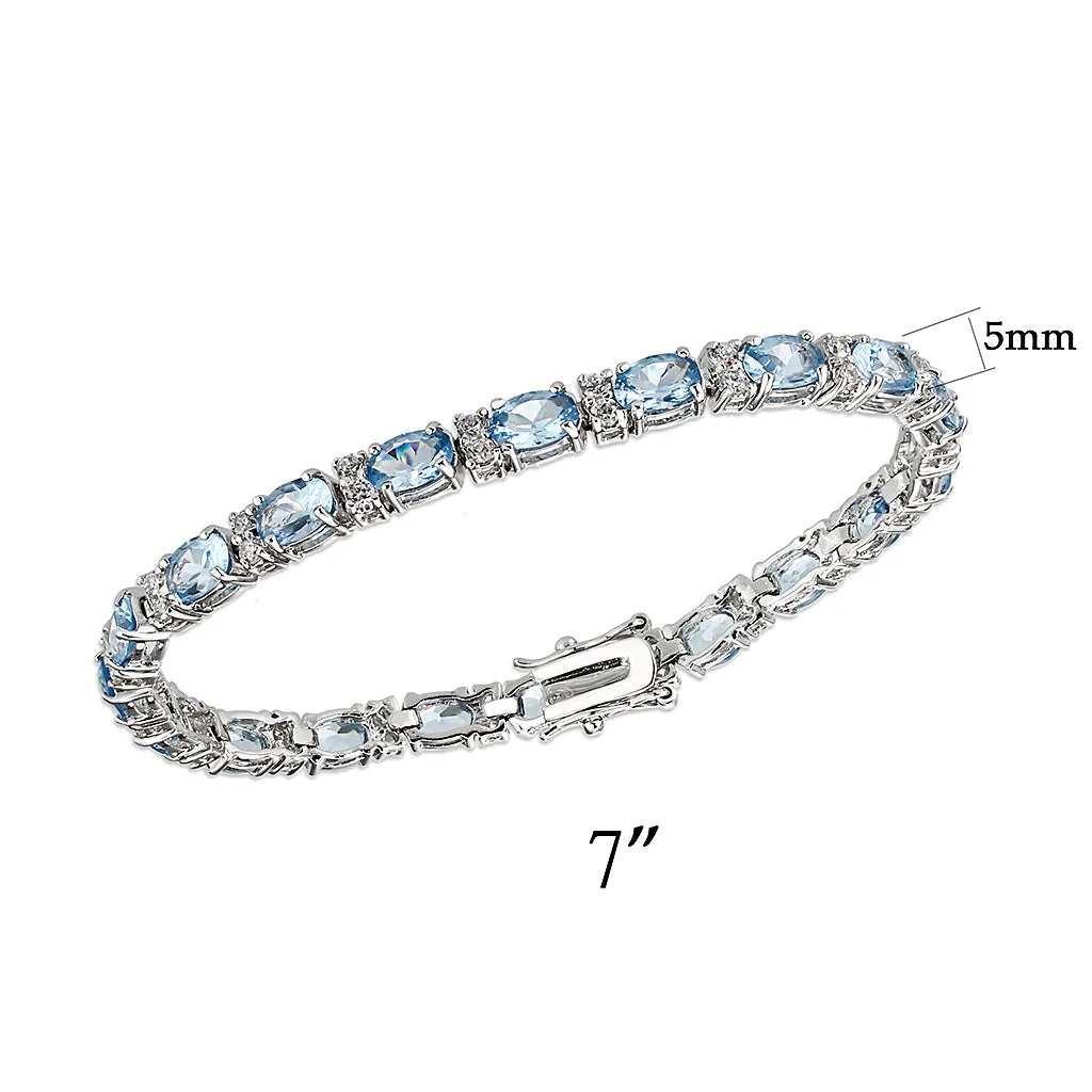 LO5W112 - Brass  Bracelet with AAA Grade CZ  in Aquamarine Rhodium Plated-7"