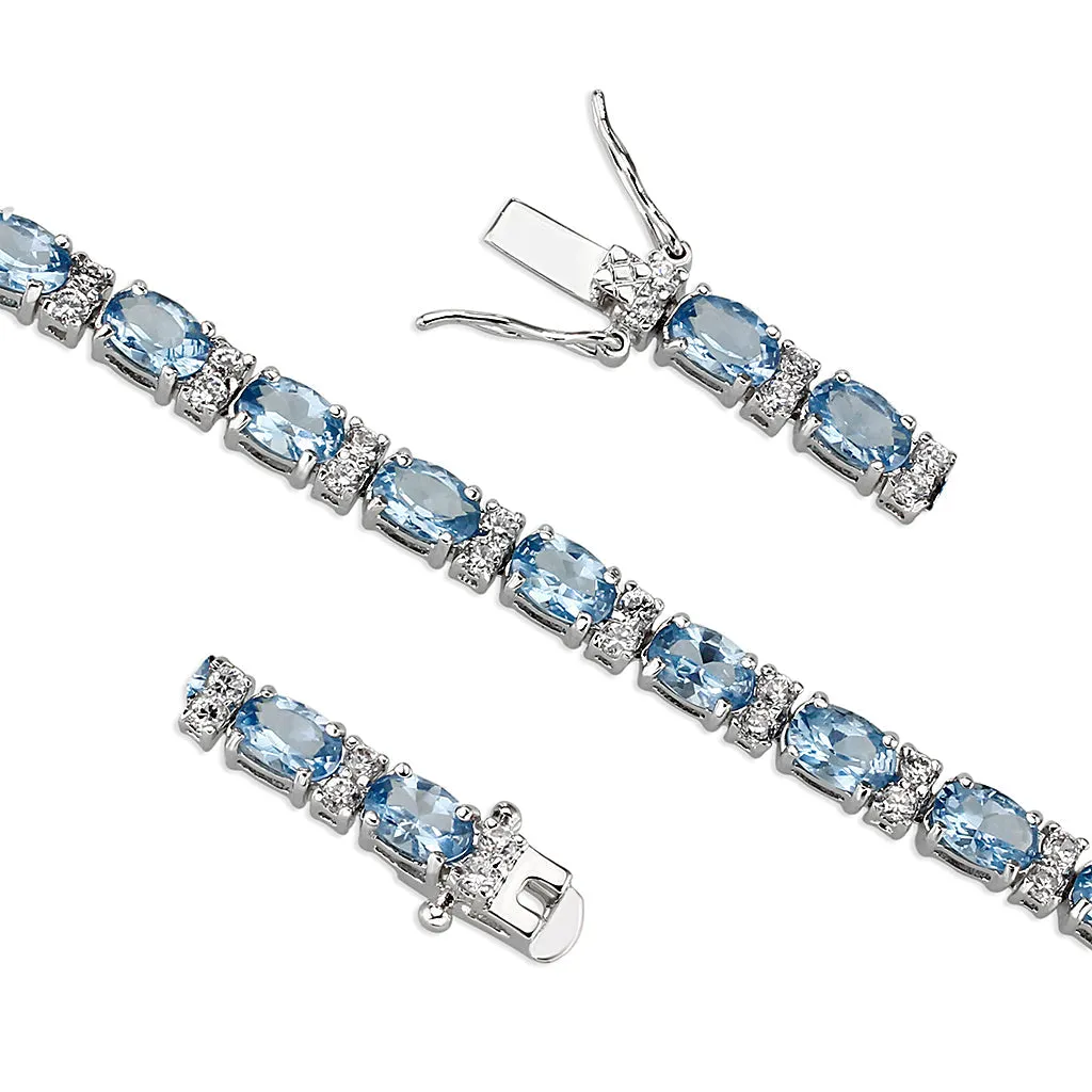 LO5W112 - Brass  Bracelet with AAA Grade CZ  in Aquamarine Rhodium Plated-7"