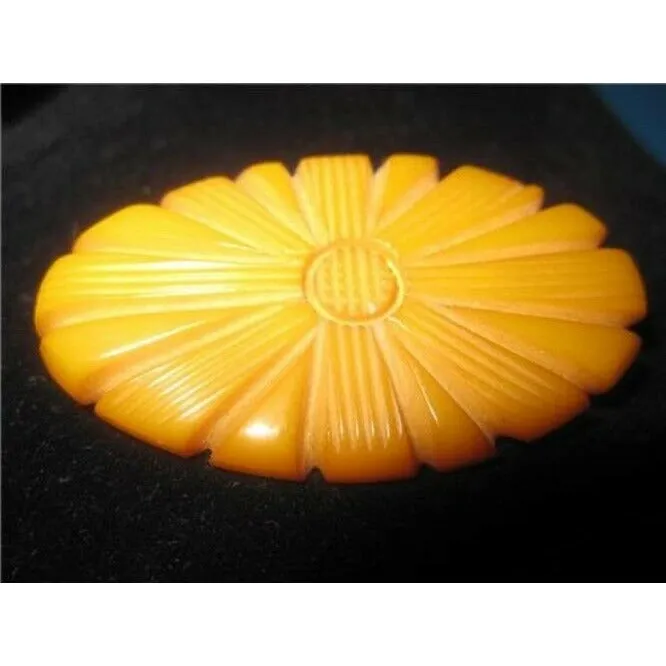 Lovely Vintage Deeply Carved Floral Design Butterscotch Bakelite Brooch Pin