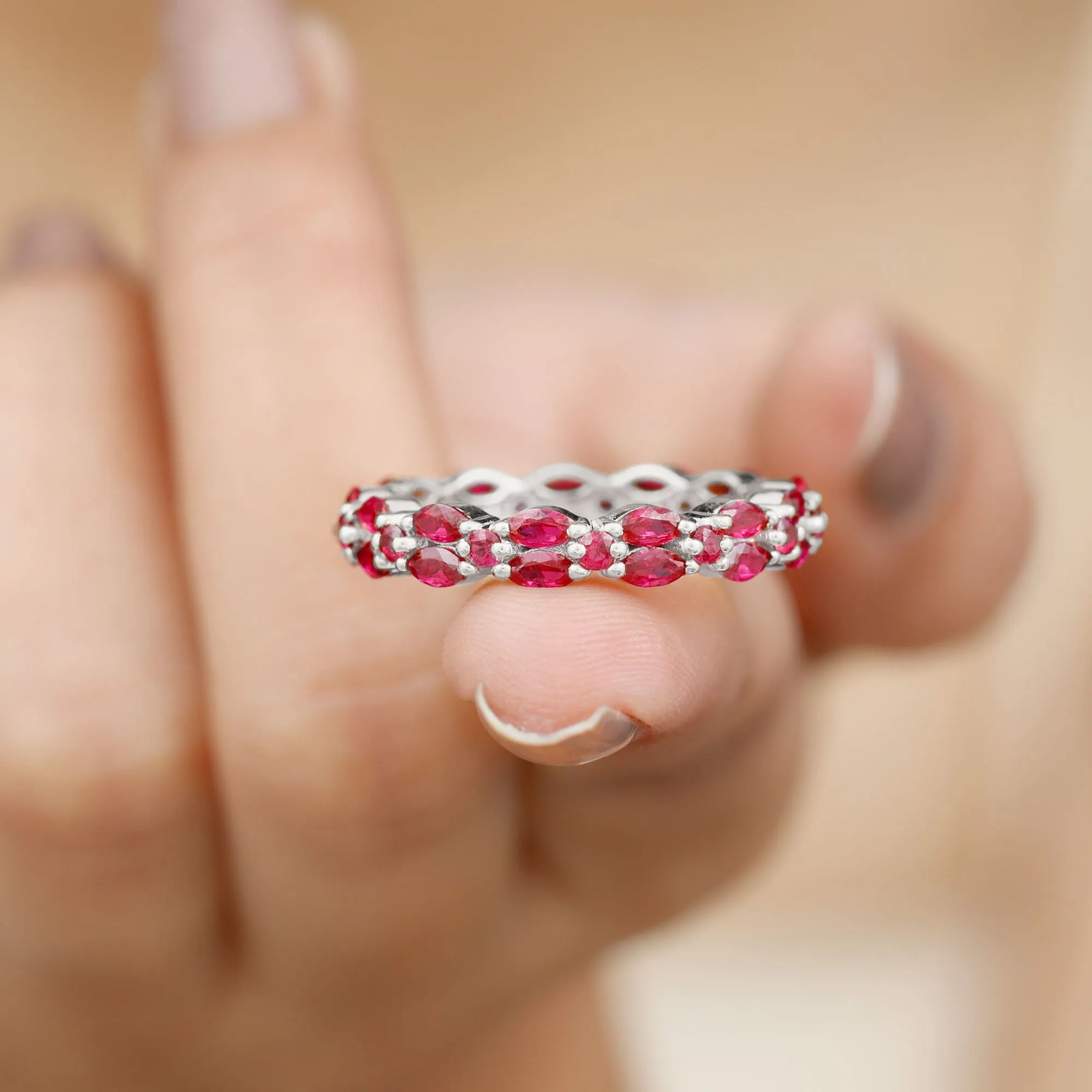 Marquise and Round Cut Created Ruby Contemporary Eternity Ring