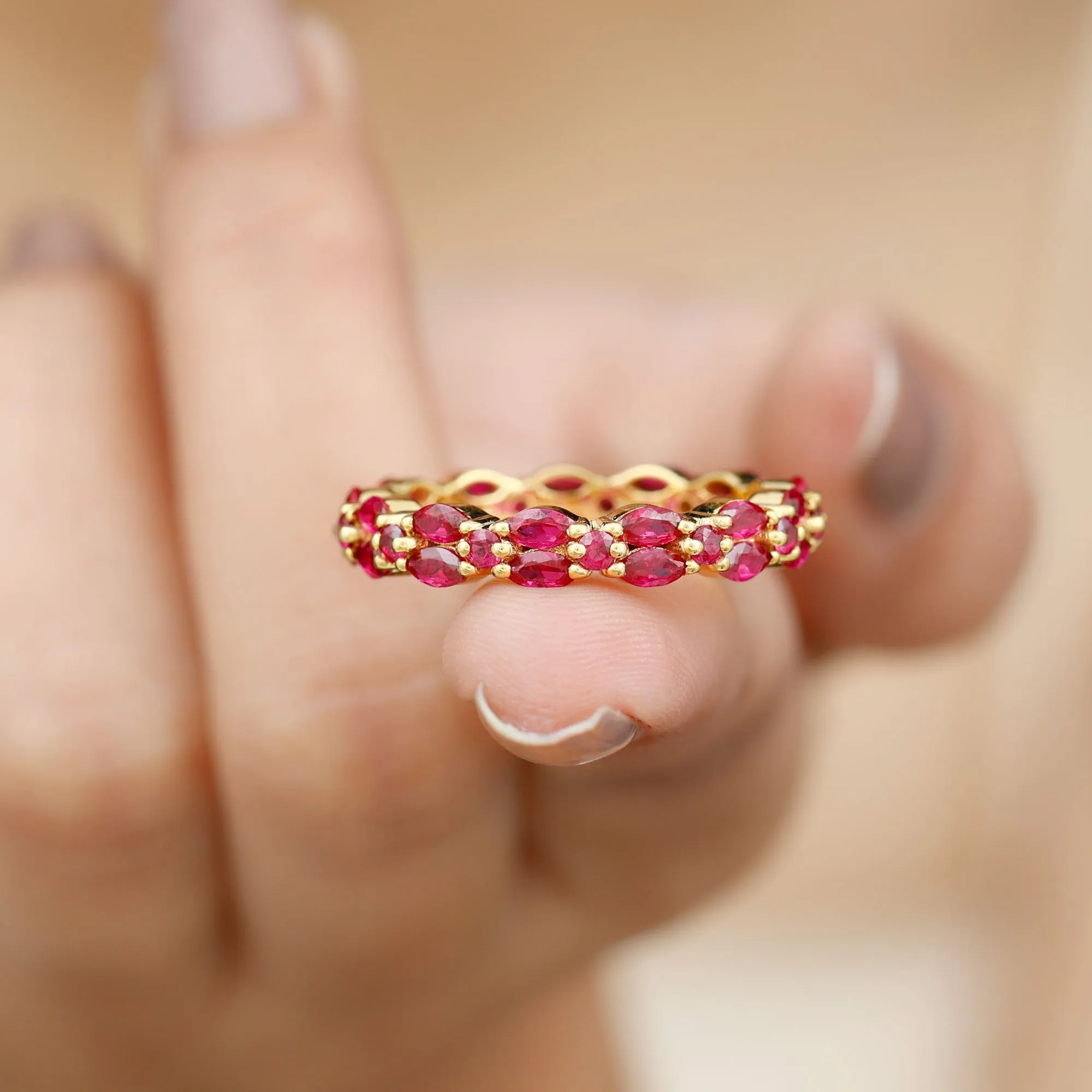 Marquise and Round Cut Created Ruby Contemporary Eternity Ring