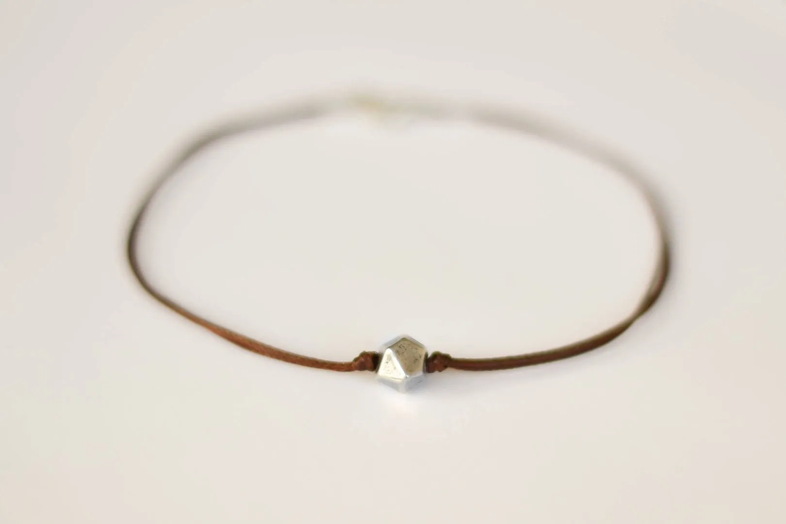 Men's anklet with a silver nugget bead, brown cord, minimalist handmade jewelry for man, festival jewelry