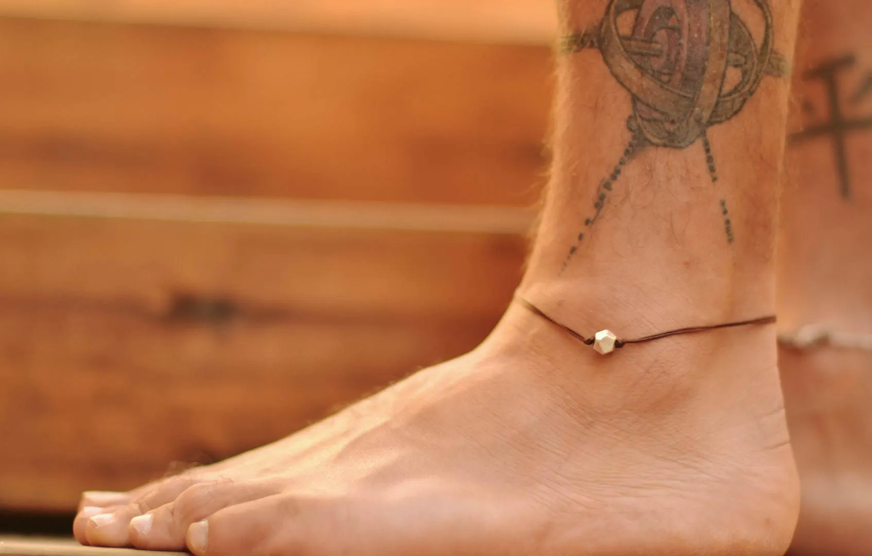 Men's anklet with a silver nugget bead, brown cord, minimalist handmade jewelry for man, festival jewelry