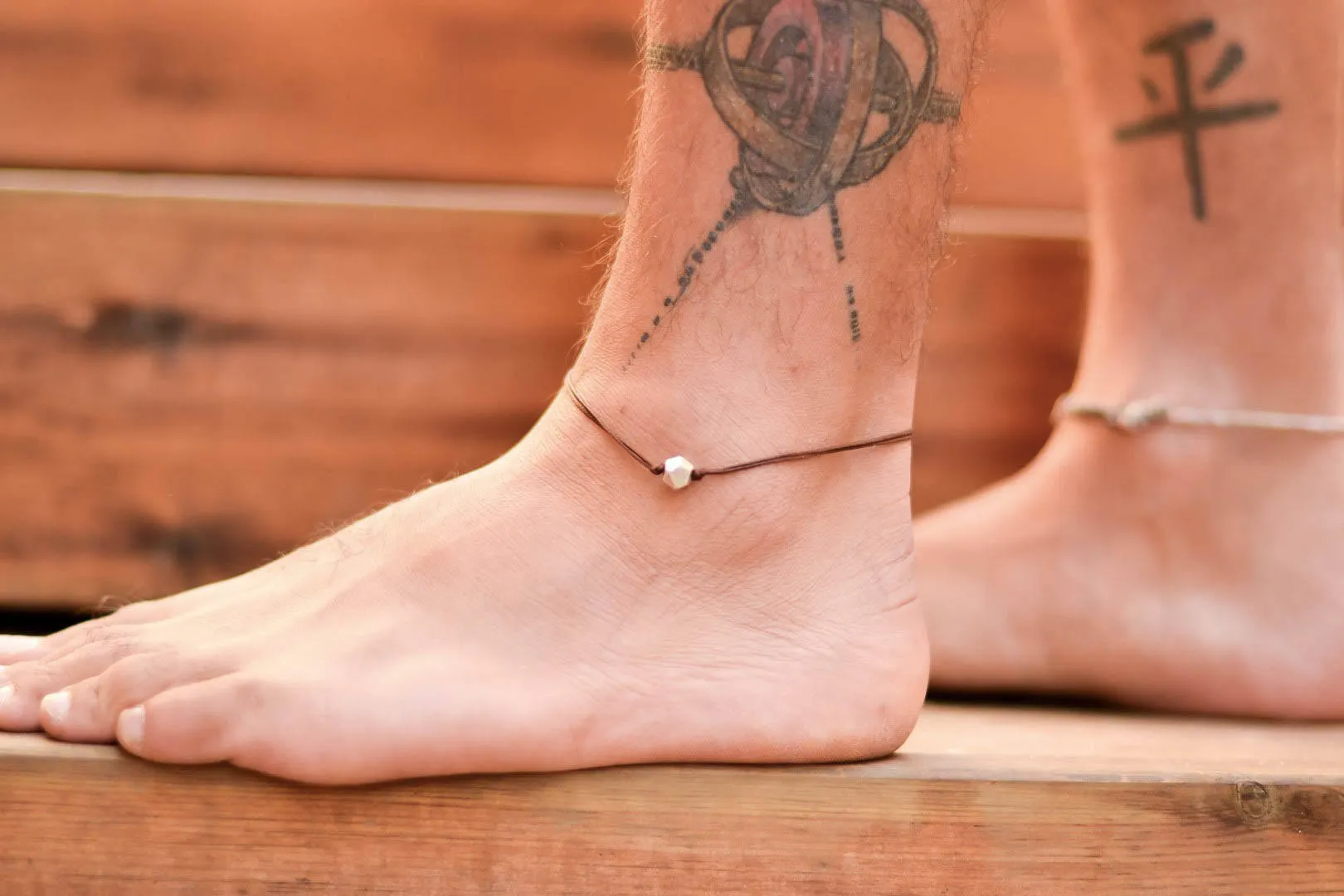 Men's anklet with a silver nugget bead, brown cord, minimalist handmade jewelry for man, festival jewelry