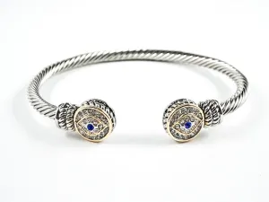 Modern Round Evil Eye Center Blue CZ Duo Ends Cable Wire Brass Bangle