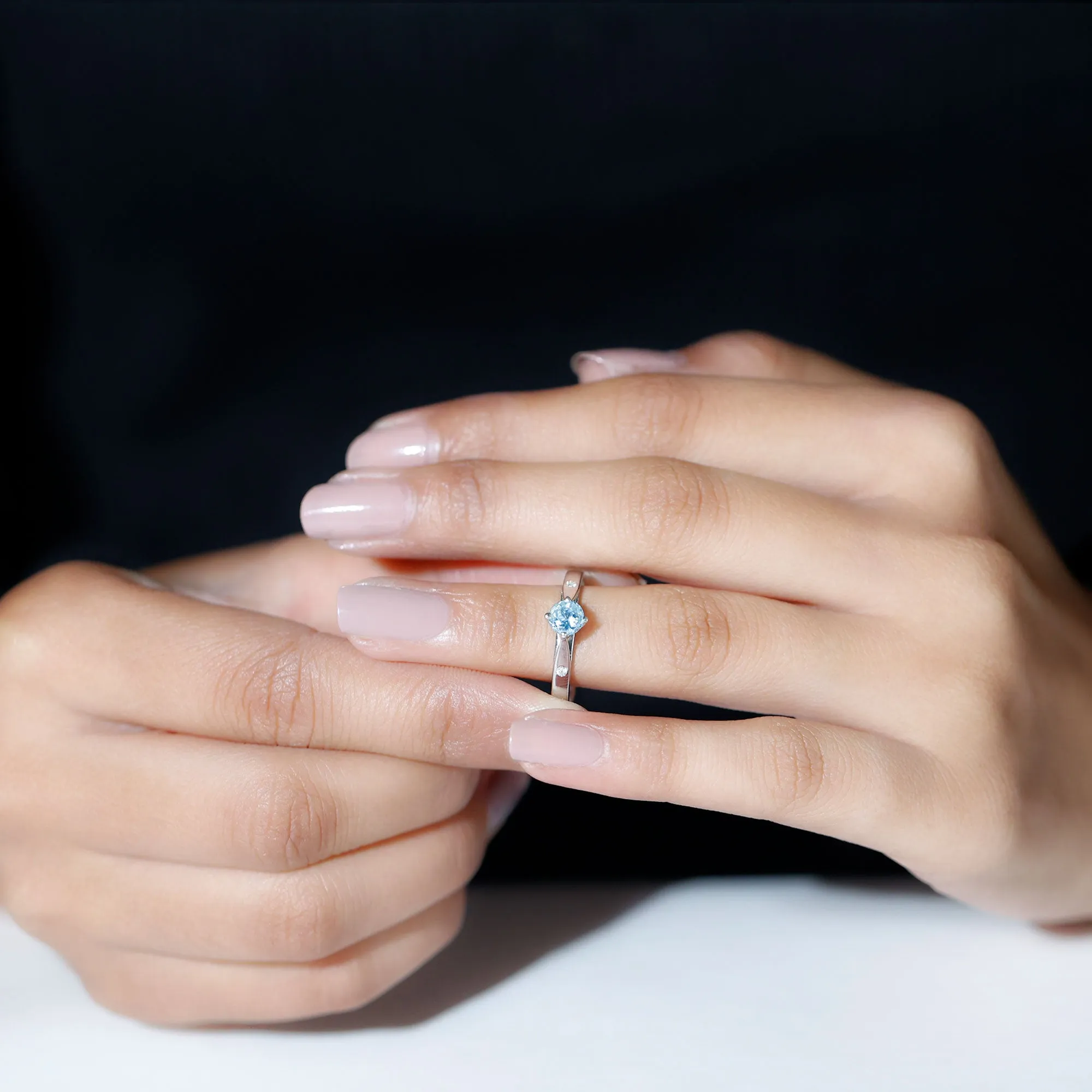 Natural Aquamarine Solitaire Promise Ring in Floral Setting
