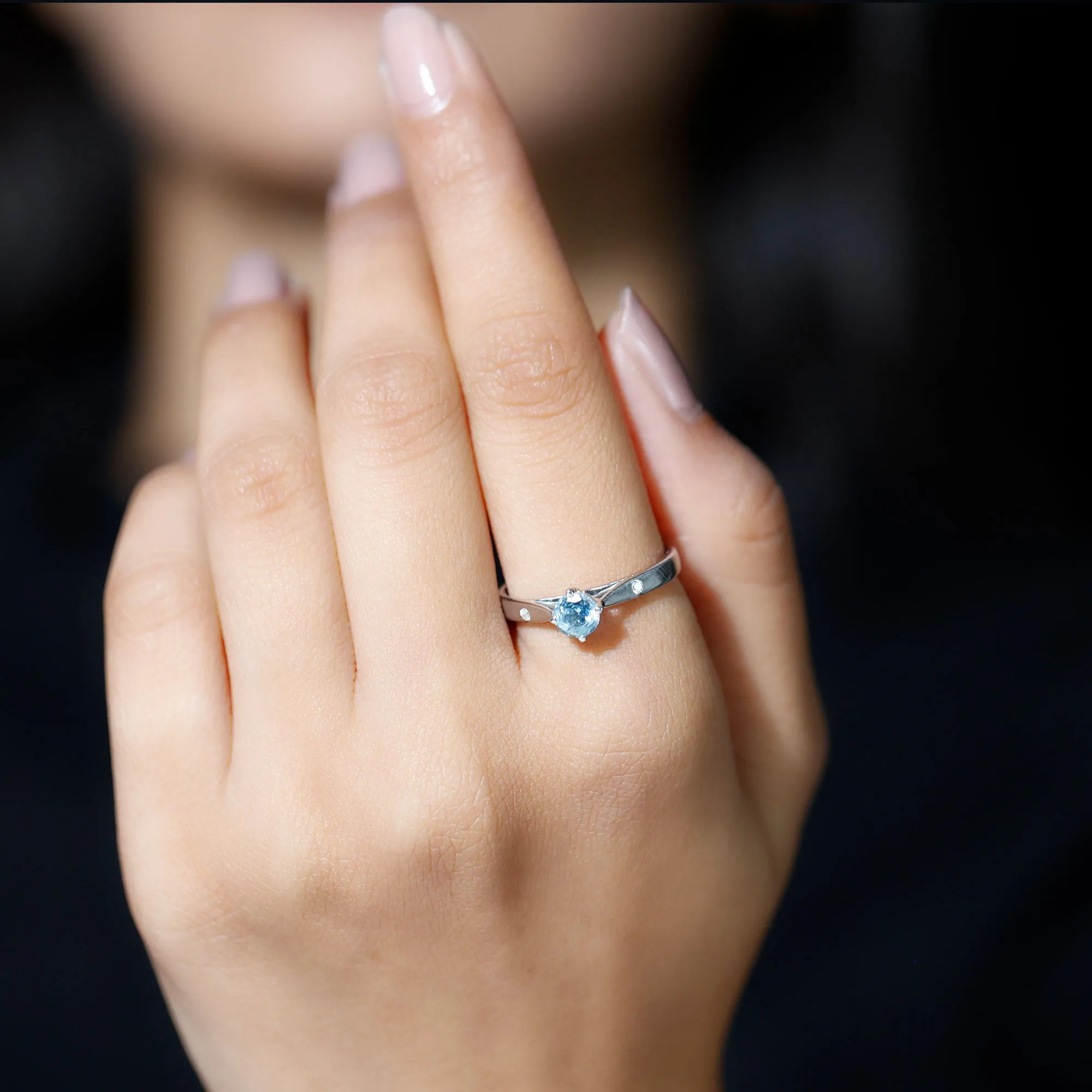 Natural Aquamarine Solitaire Promise Ring in Floral Setting