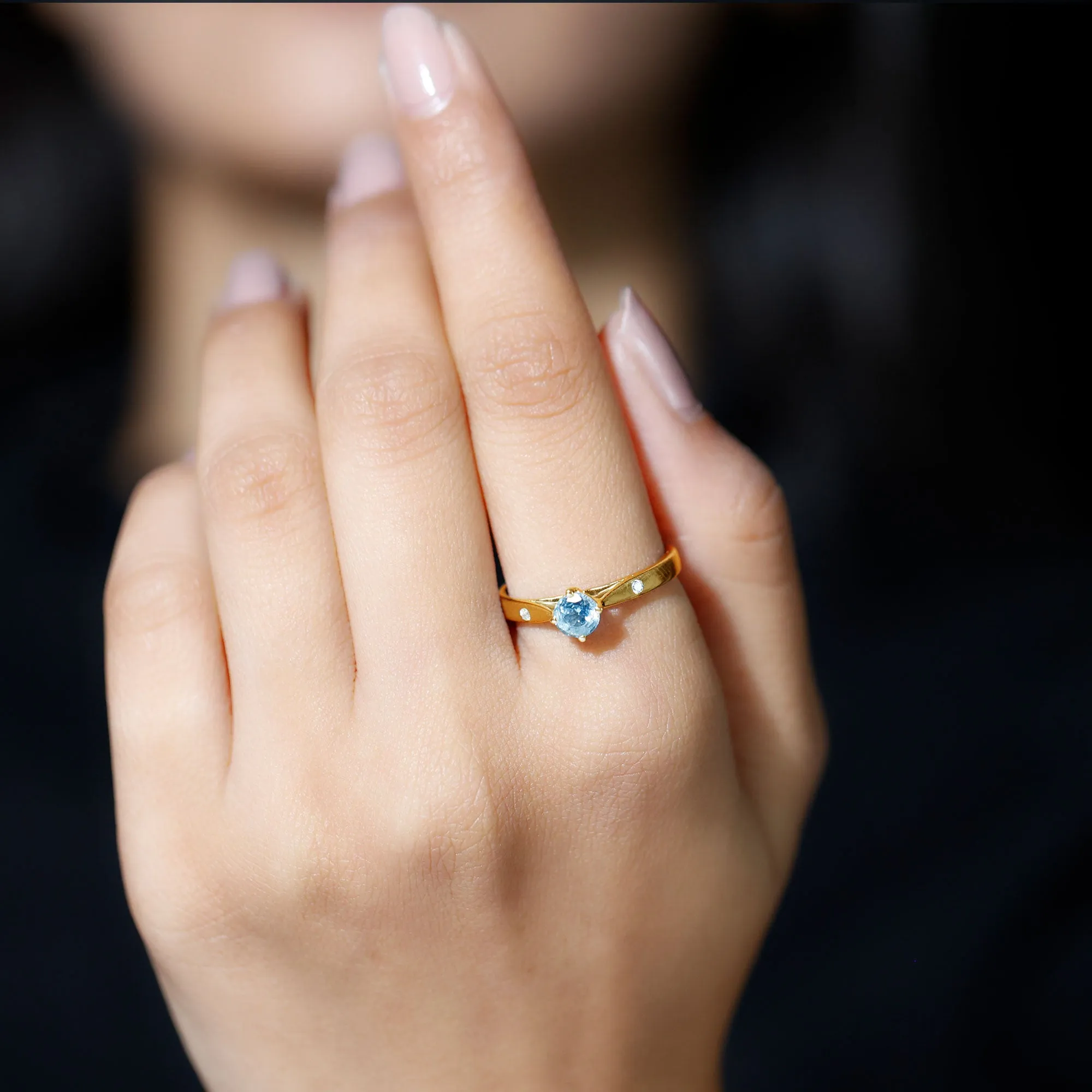 Natural Aquamarine Solitaire Promise Ring in Floral Setting