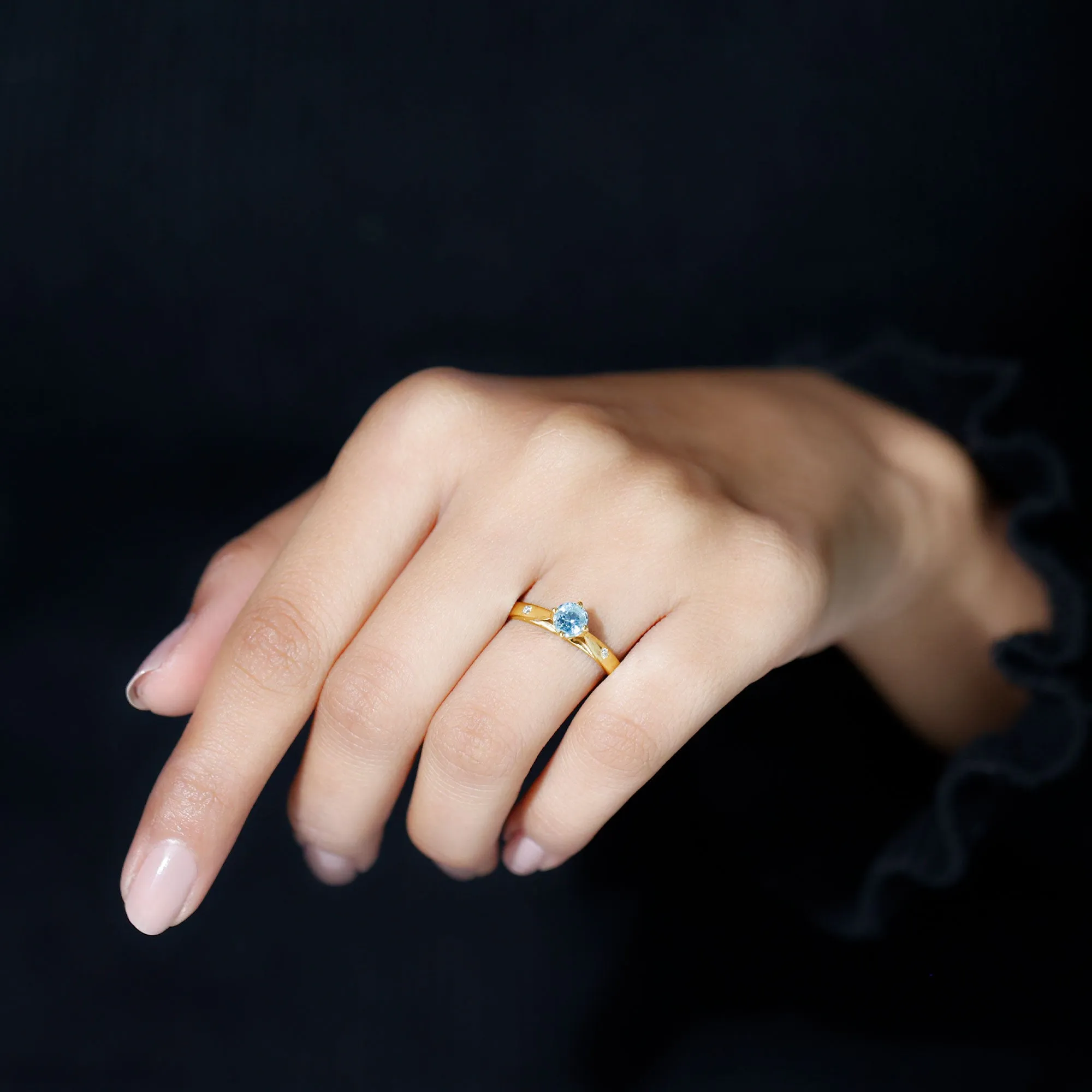 Natural Aquamarine Solitaire Promise Ring in Floral Setting