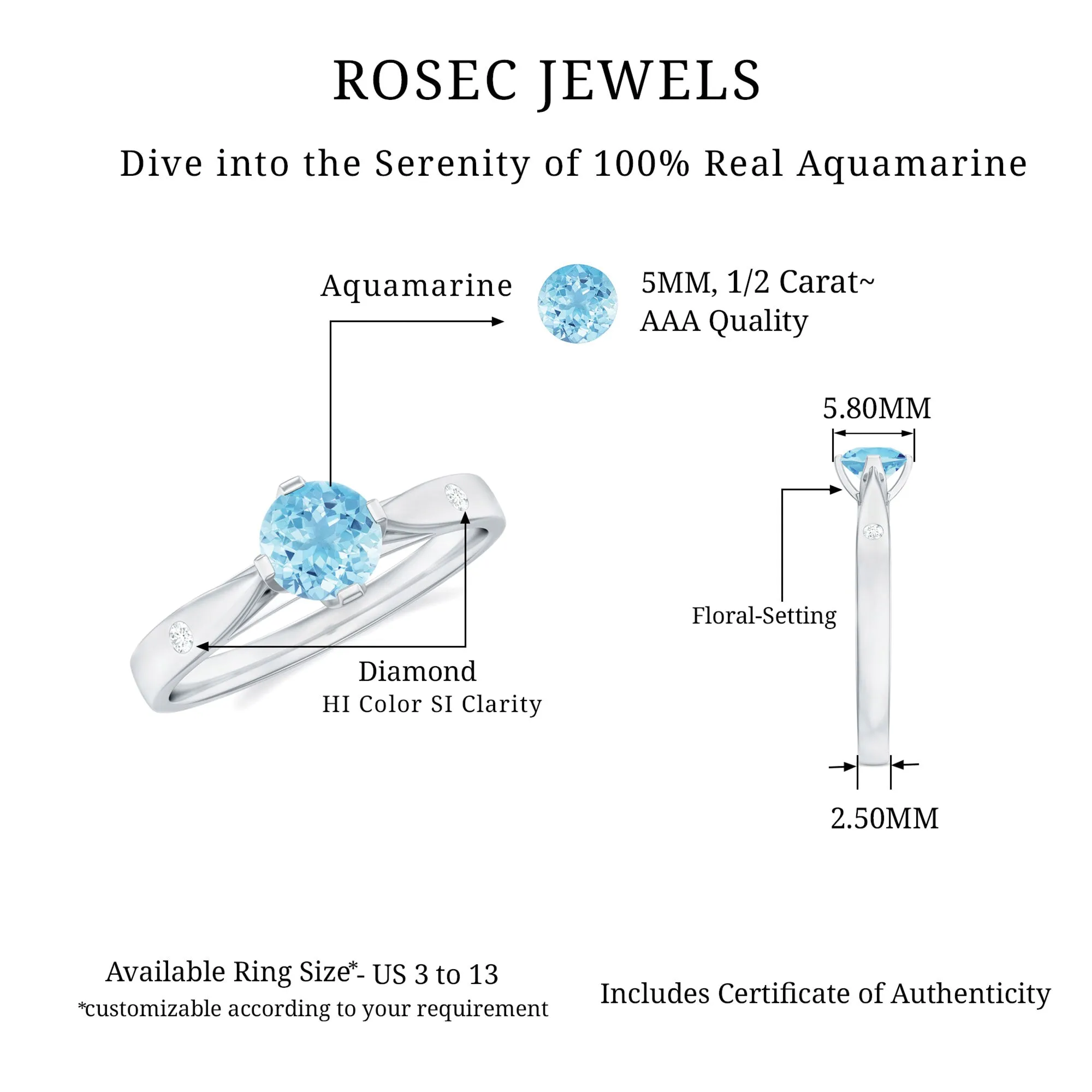 Natural Aquamarine Solitaire Promise Ring in Floral Setting