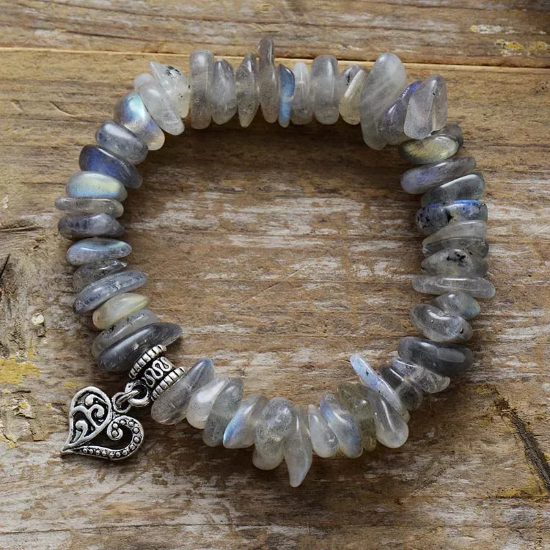 Natural Labradorite Heart Charm Stretch Gemstone Bracelet