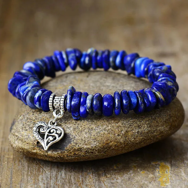 Natural Labradorite Heart Charm Stretch Gemstone Bracelet
