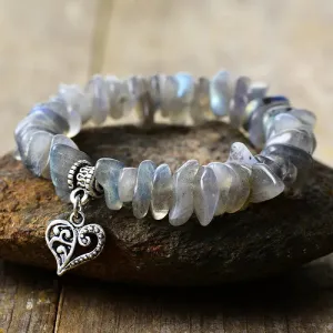 Natural Labradorite Heart Charm Stretch Gemstone Bracelet