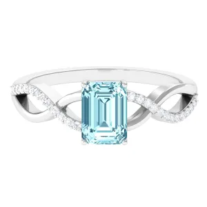 Octagon Aquamarine and Diamond Crossover Engagement Ring