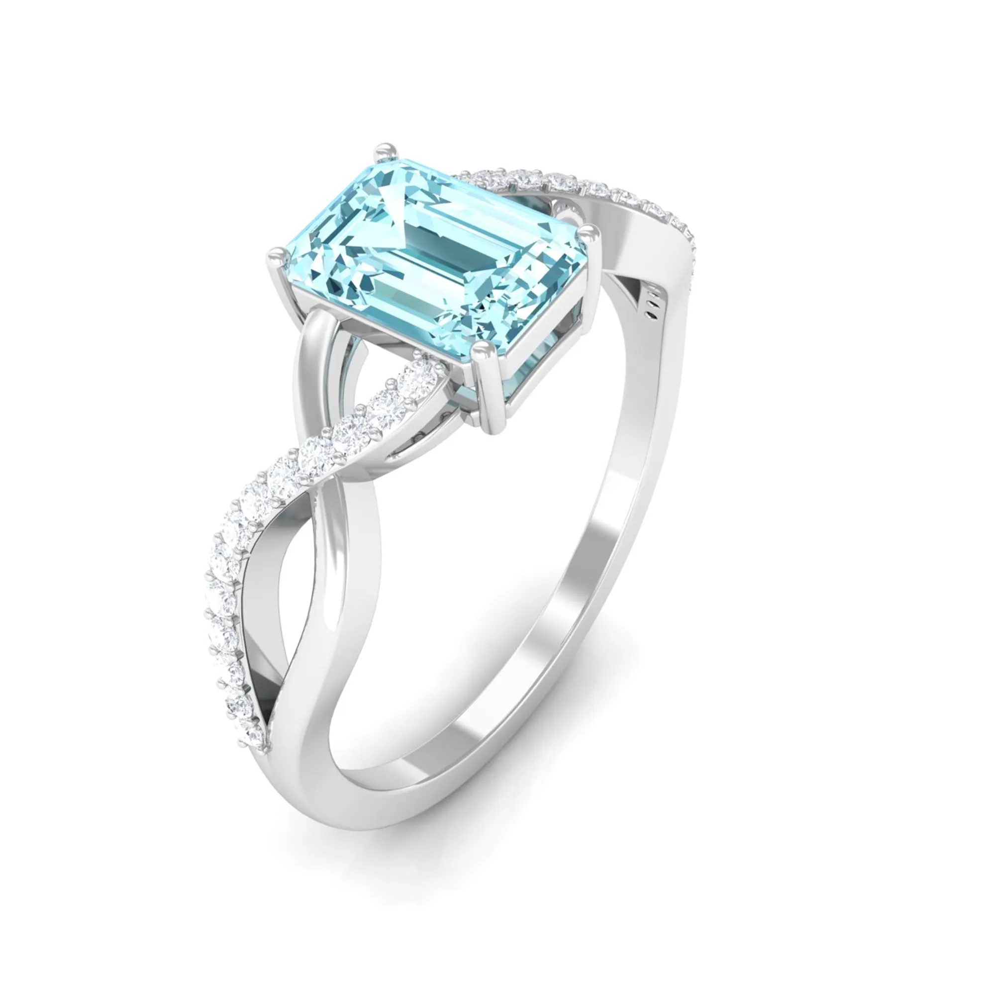 Octagon Aquamarine and Diamond Crossover Engagement Ring