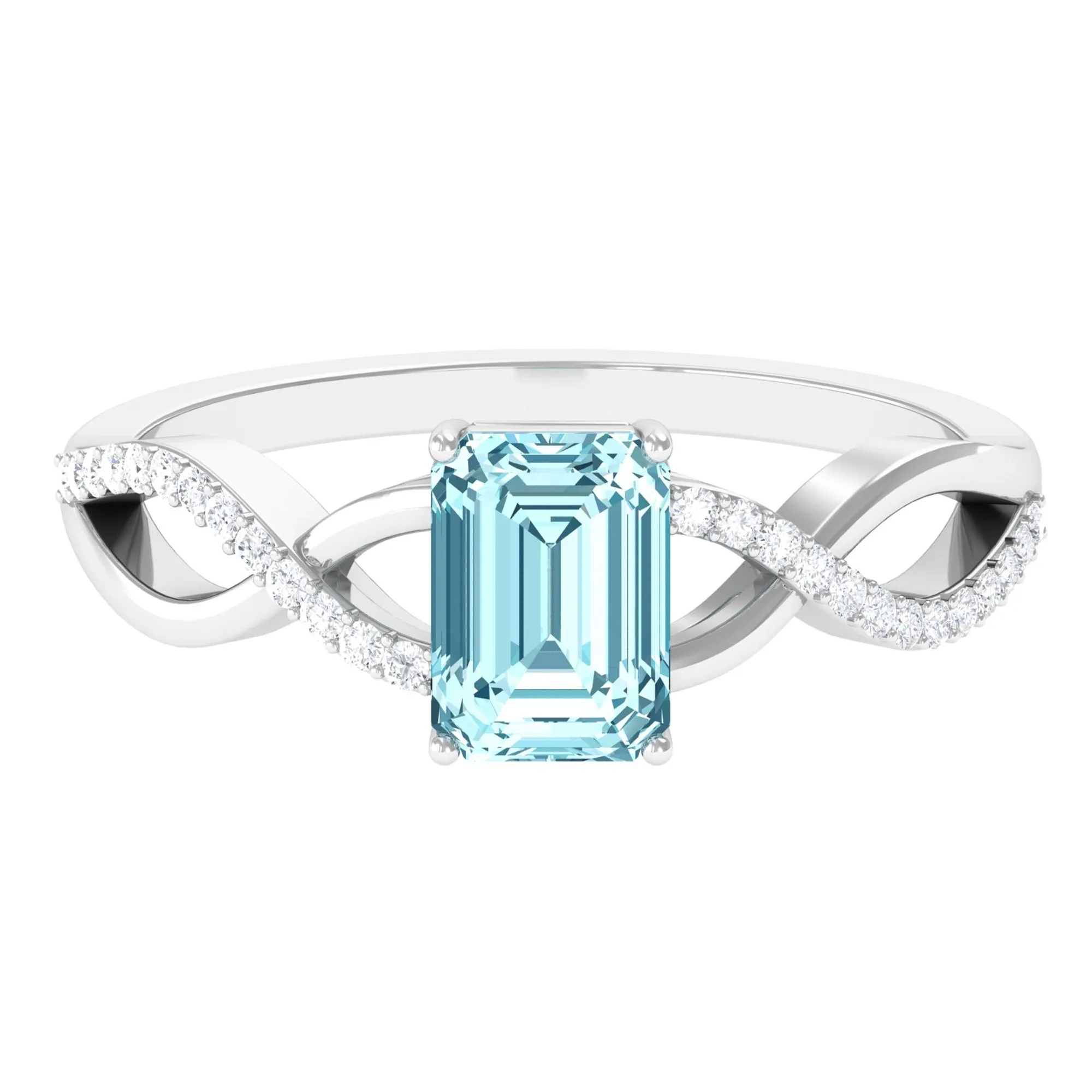 Octagon Aquamarine and Diamond Crossover Engagement Ring