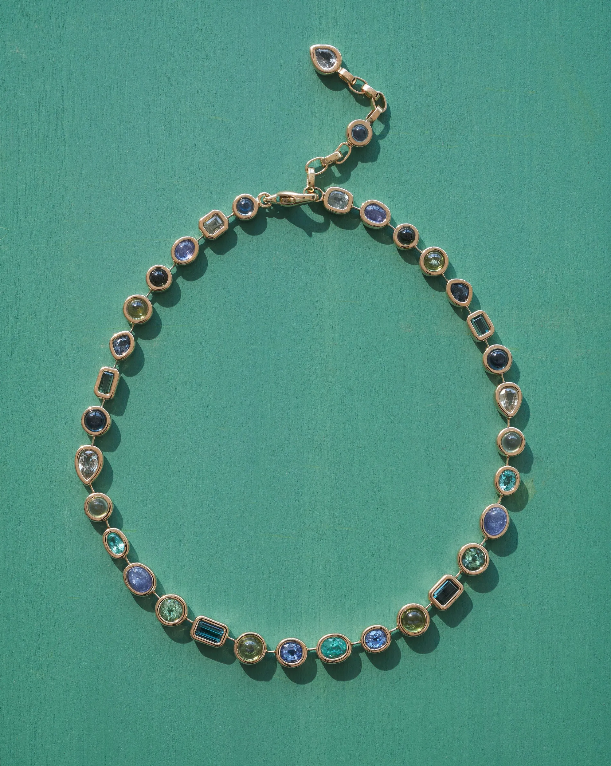 One-of-a-Kind Pillow Necklace with Blue-Green Mixed Cabochons and Faceted Stones