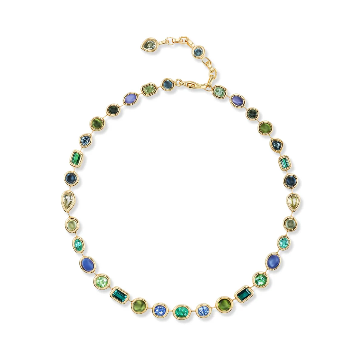 One-of-a-Kind Pillow Necklace with Blue-Green Mixed Cabochons and Faceted Stones