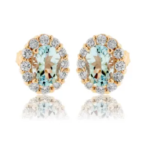 Oval Aquamarine and Diamond Halo Stud Earrings