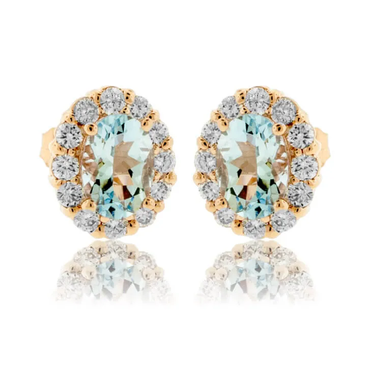 Oval Aquamarine and Diamond Halo Stud Earrings