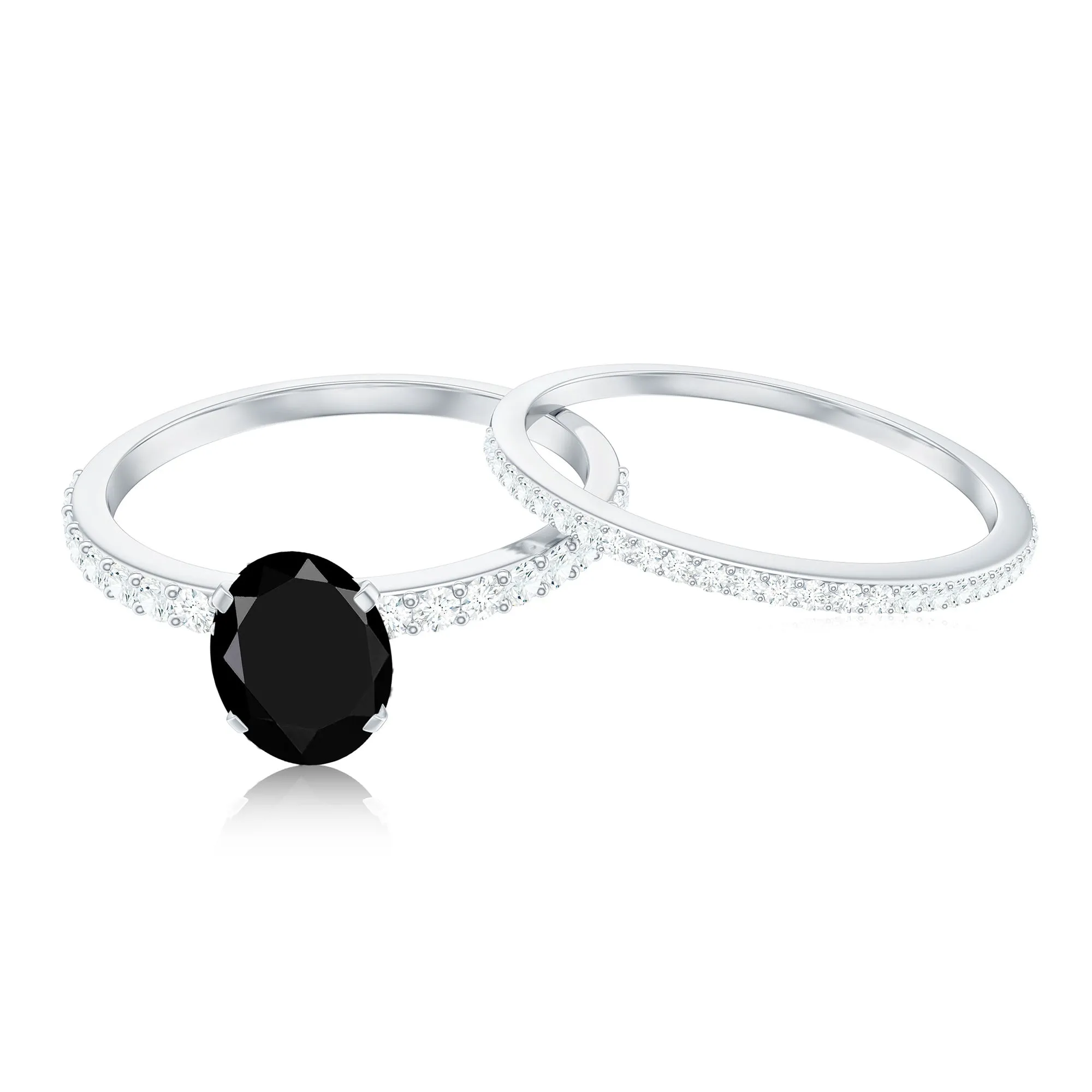 Oval Black Onyx Solitaire Wedding Ring Set with Diamond Side Stones