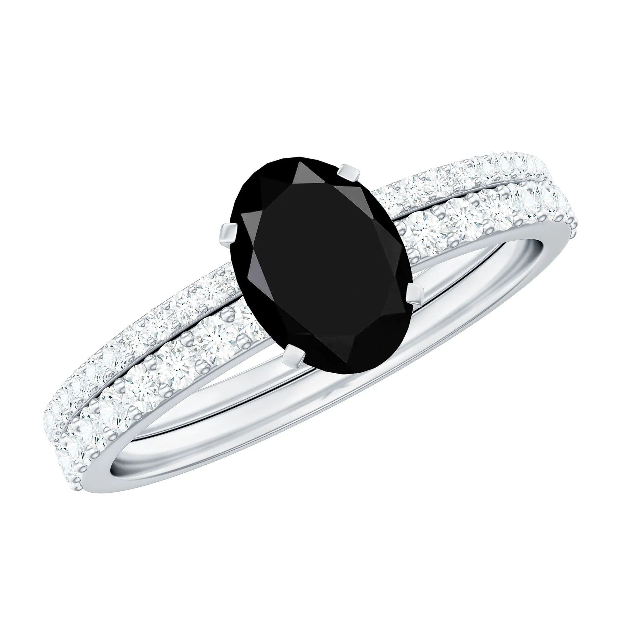 Oval Black Onyx Solitaire Wedding Ring Set with Diamond Side Stones
