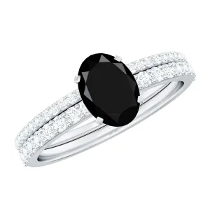 Oval Black Onyx Solitaire Wedding Ring Set with Diamond Side Stones