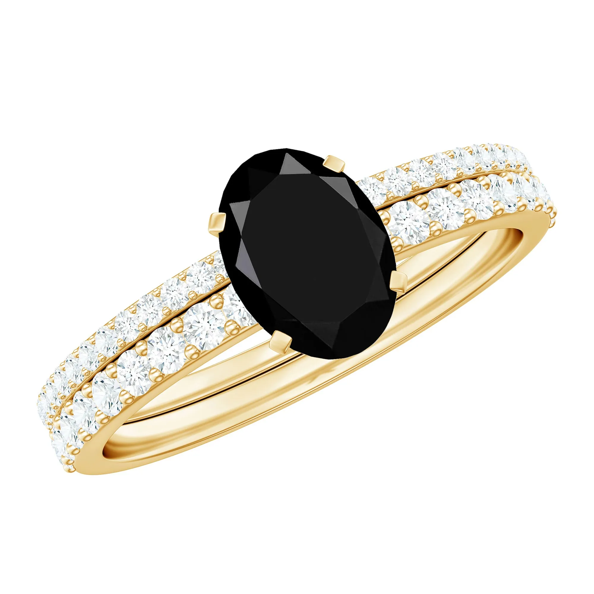 Oval Black Onyx Solitaire Wedding Ring Set with Diamond Side Stones