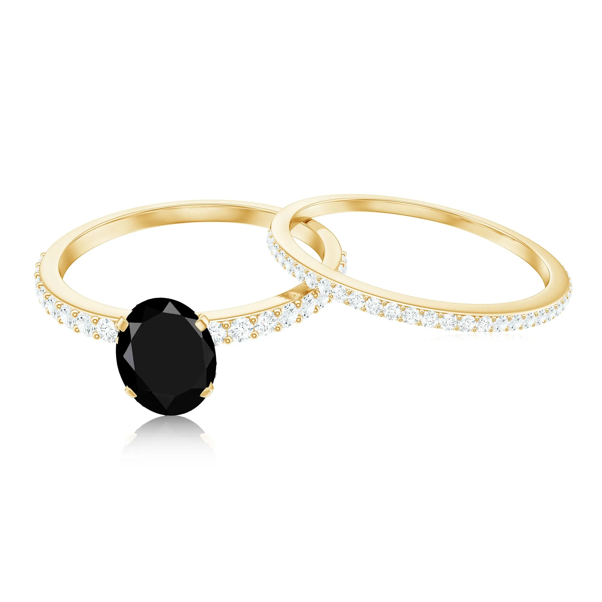 Oval Black Onyx Solitaire Wedding Ring Set with Diamond Side Stones