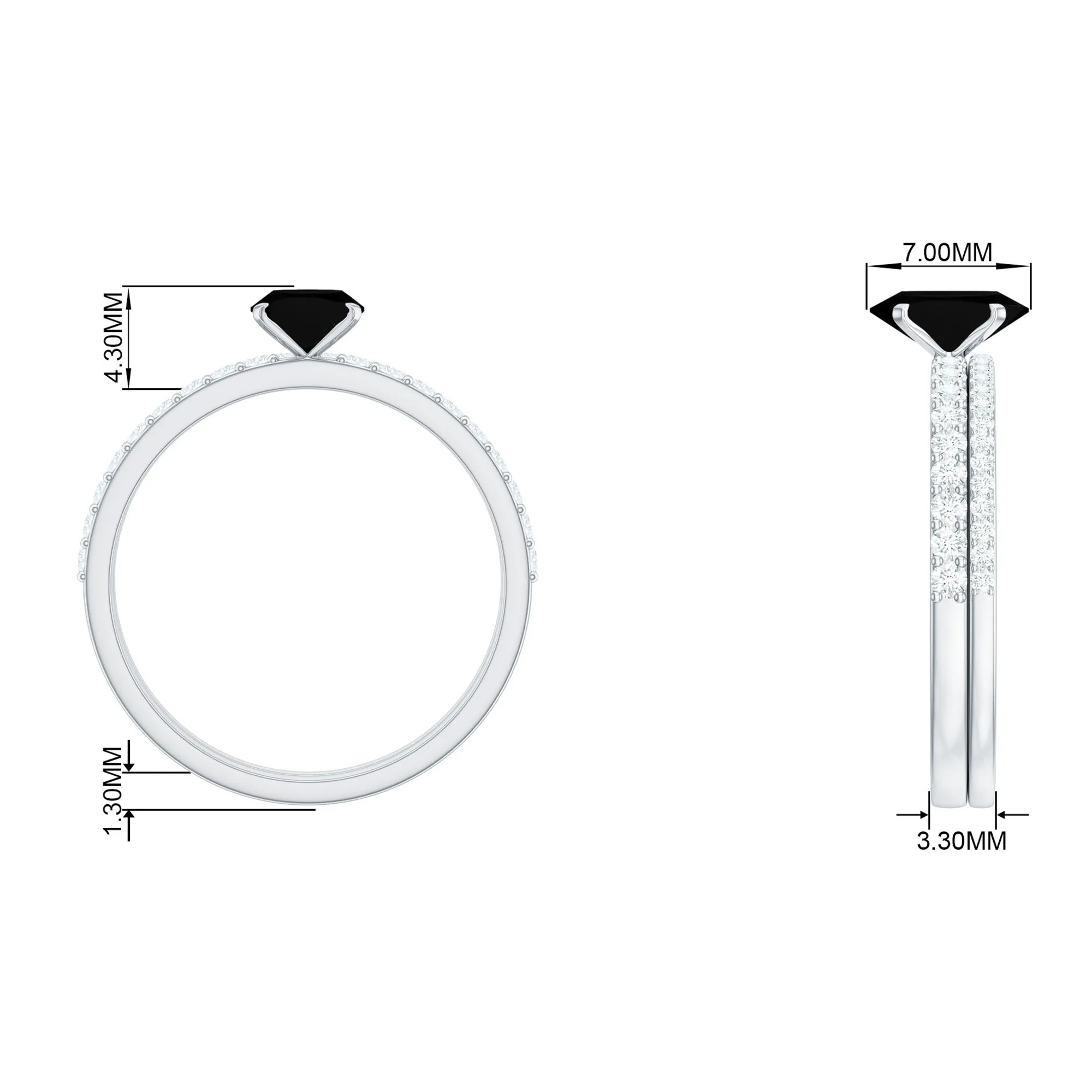 Oval Black Onyx Solitaire Wedding Ring Set with Diamond Side Stones