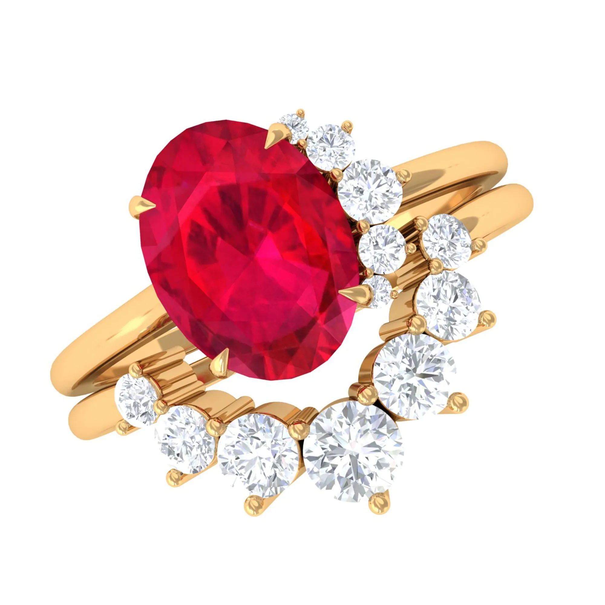 Oval Created Ruby Solitaire Wedding Ring Set with Diamond
