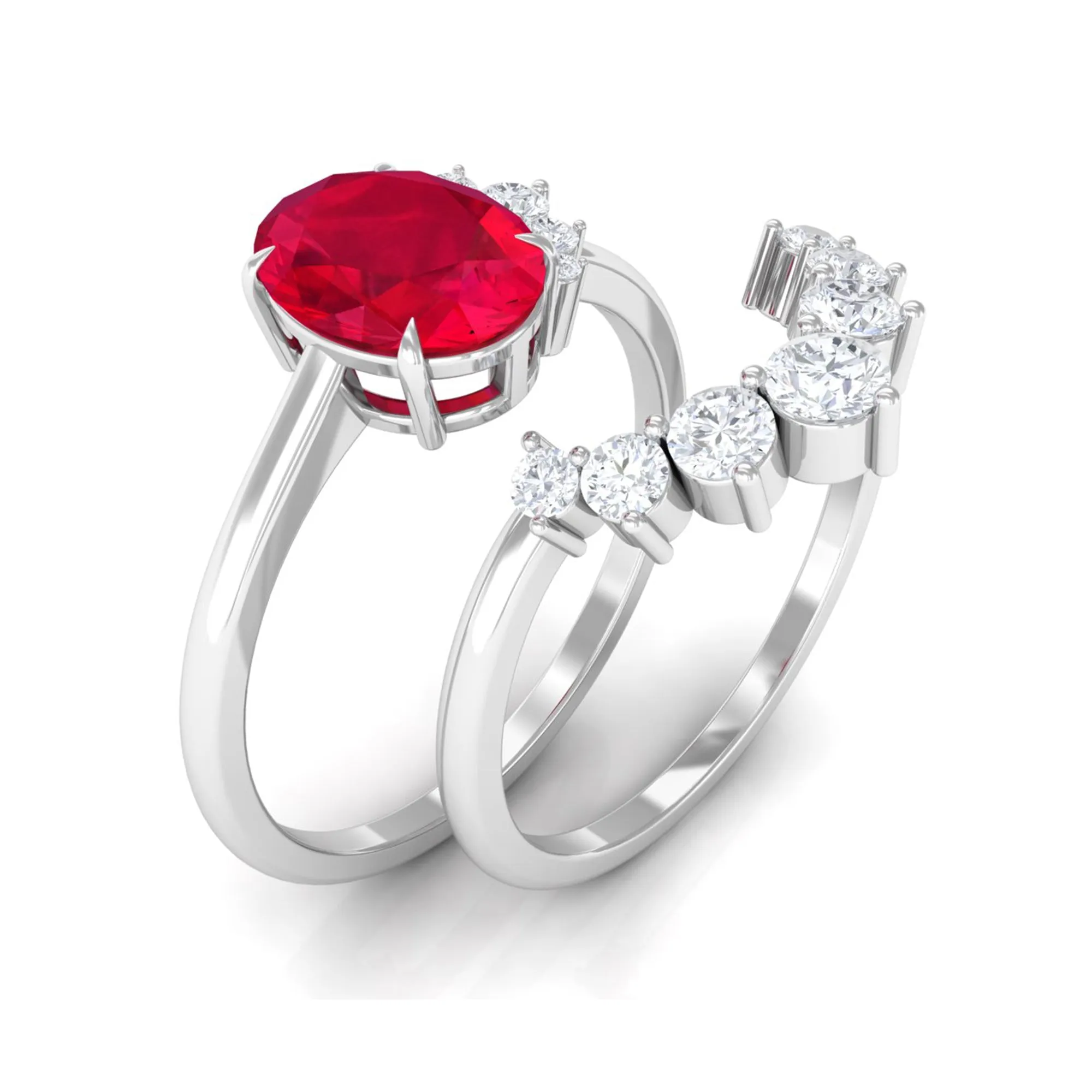 Oval Created Ruby Solitaire Wedding Ring Set with Diamond