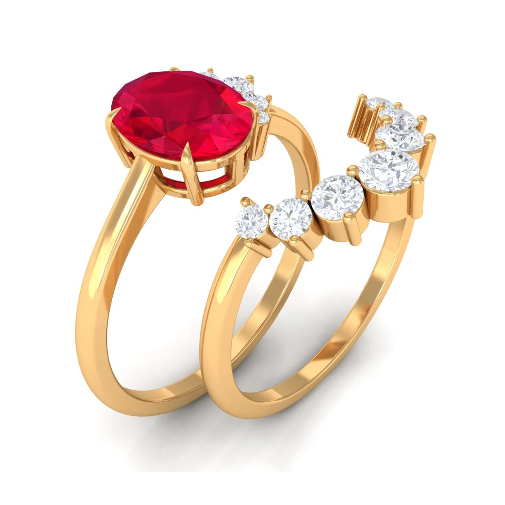 Oval Created Ruby Solitaire Wedding Ring Set with Diamond
