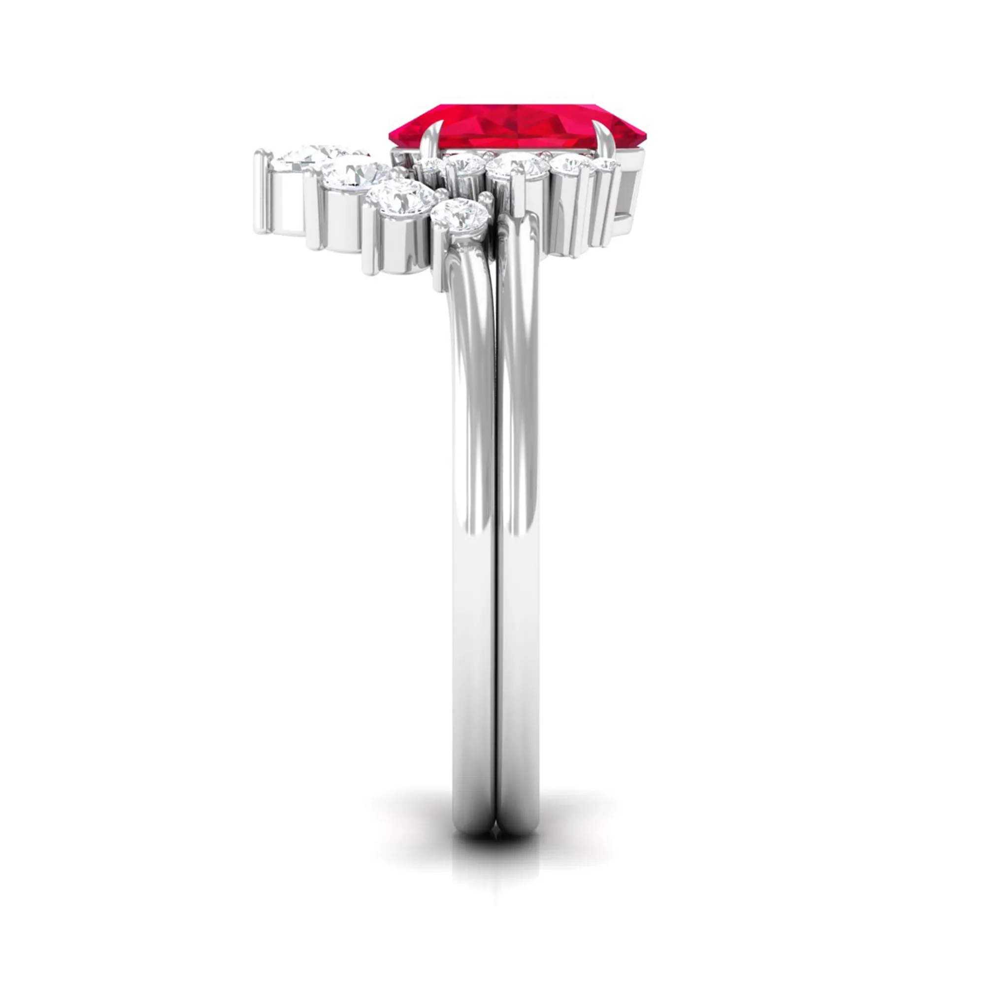 Oval Created Ruby Solitaire Wedding Ring Set with Diamond