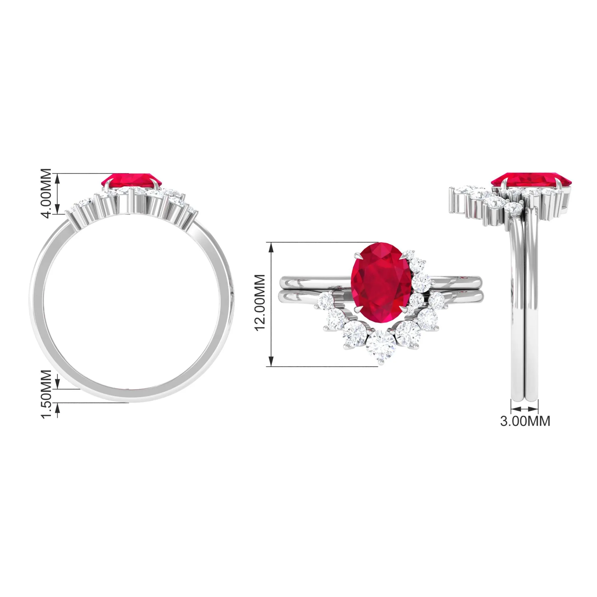Oval Created Ruby Solitaire Wedding Ring Set with Diamond