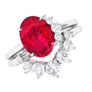 Oval Created Ruby Solitaire Wedding Ring Set with Diamond