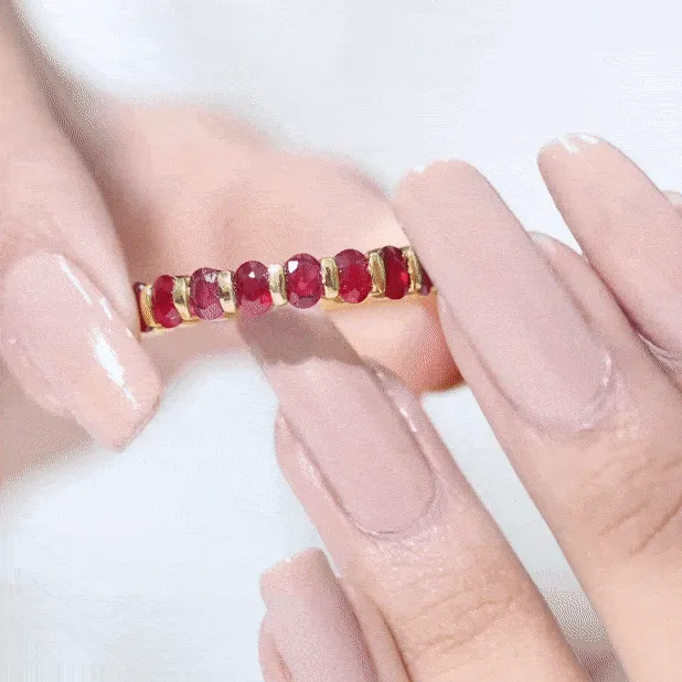 Oval Cut Created Ruby Half Eternity Ring in Bar Setting