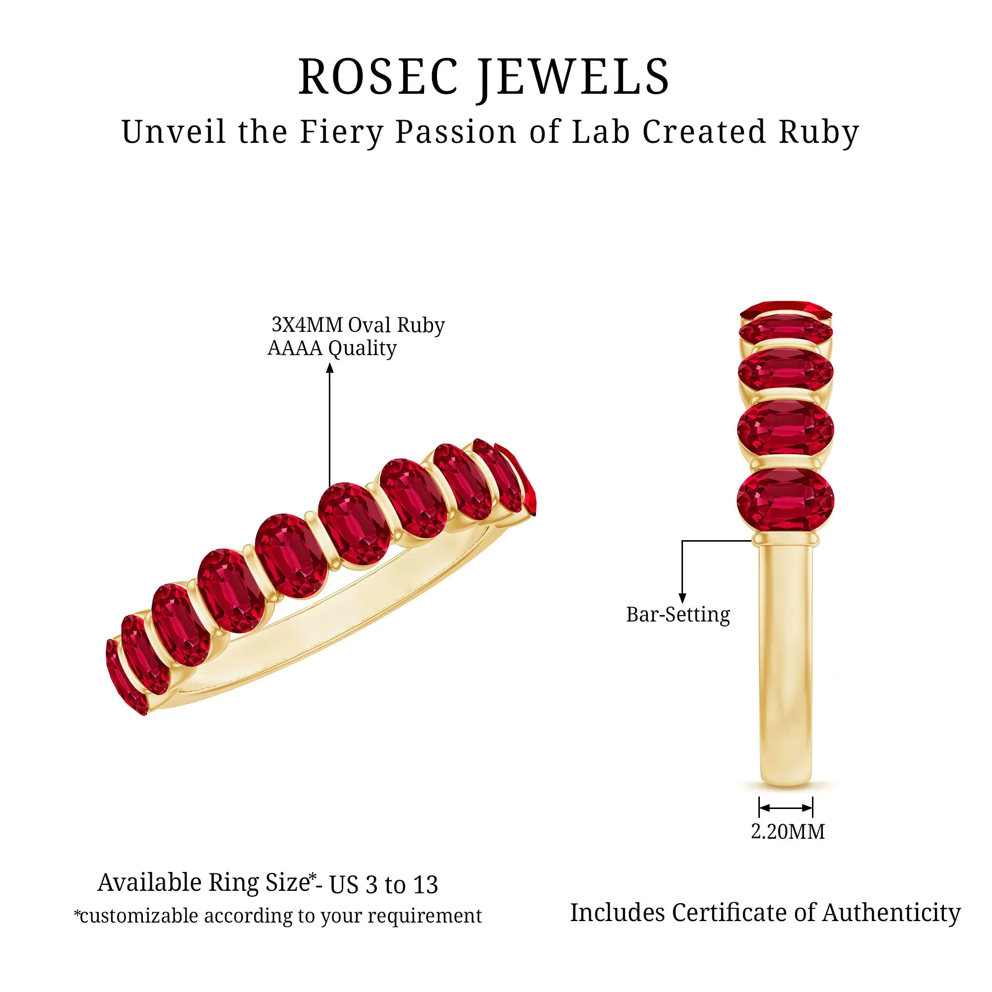 Oval Cut Created Ruby Half Eternity Ring in Bar Setting