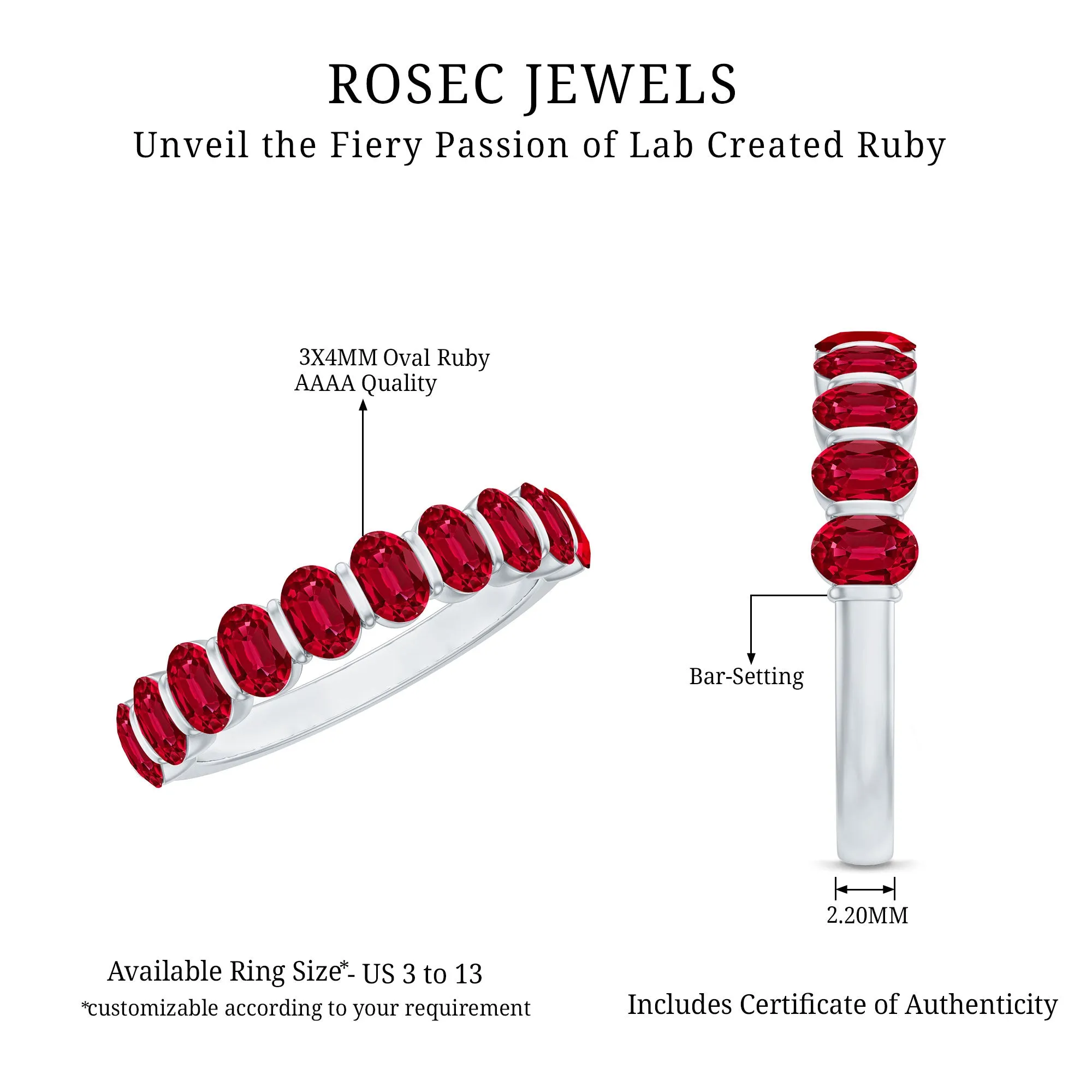 Oval Cut Created Ruby Half Eternity Ring in Bar Setting