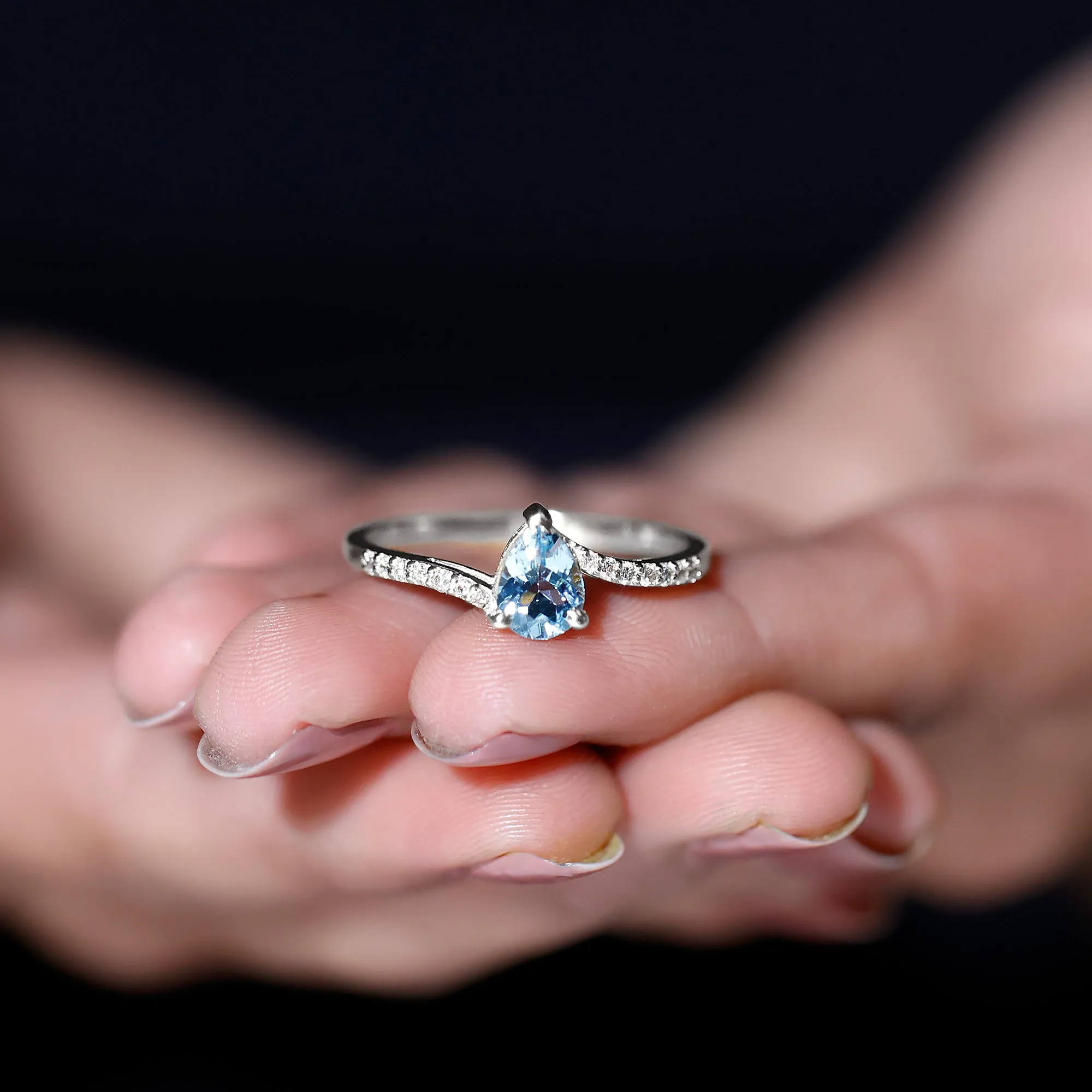 Pear Cut Aquamarine Solitaire Ring with Diamond Bypass Shank