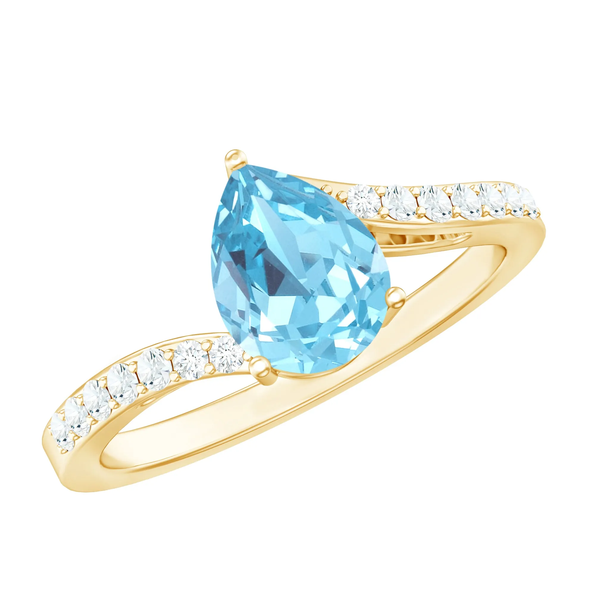 Pear Cut Aquamarine Solitaire Ring with Diamond Bypass Shank