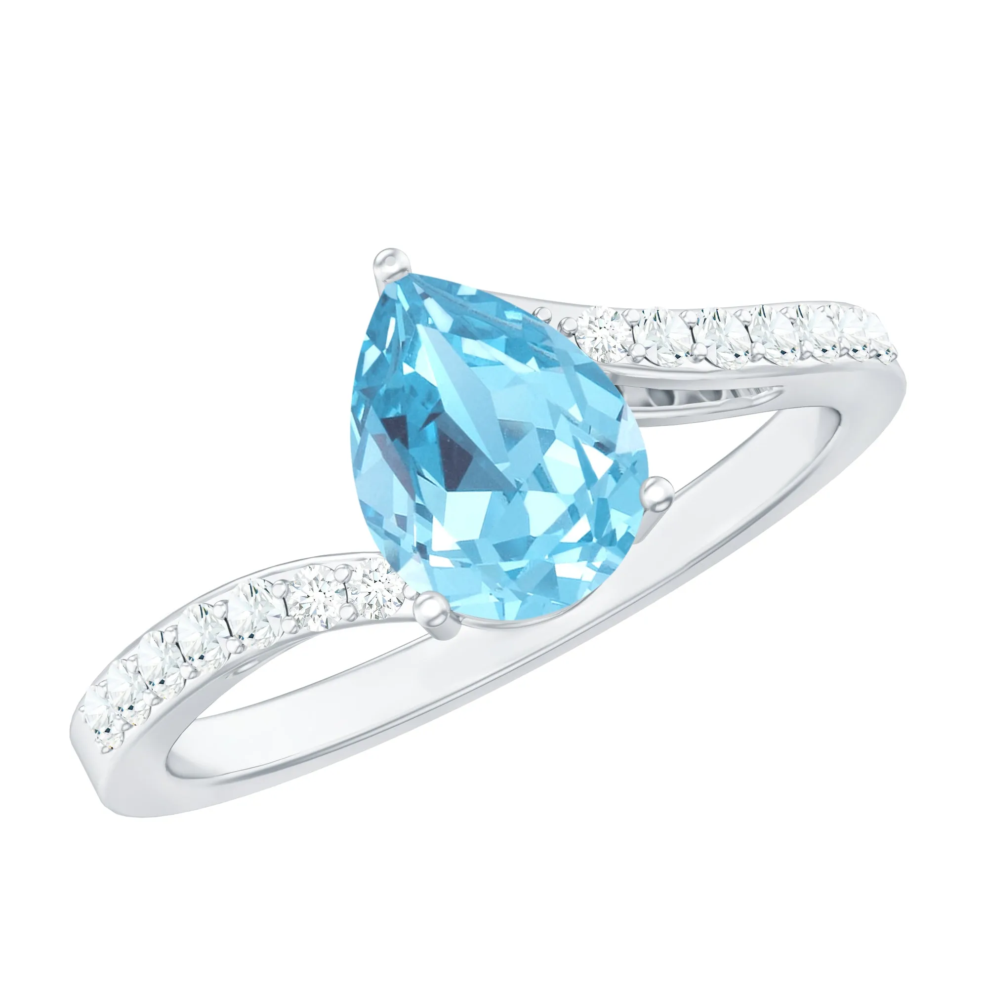 Pear Cut Aquamarine Solitaire Ring with Diamond Bypass Shank