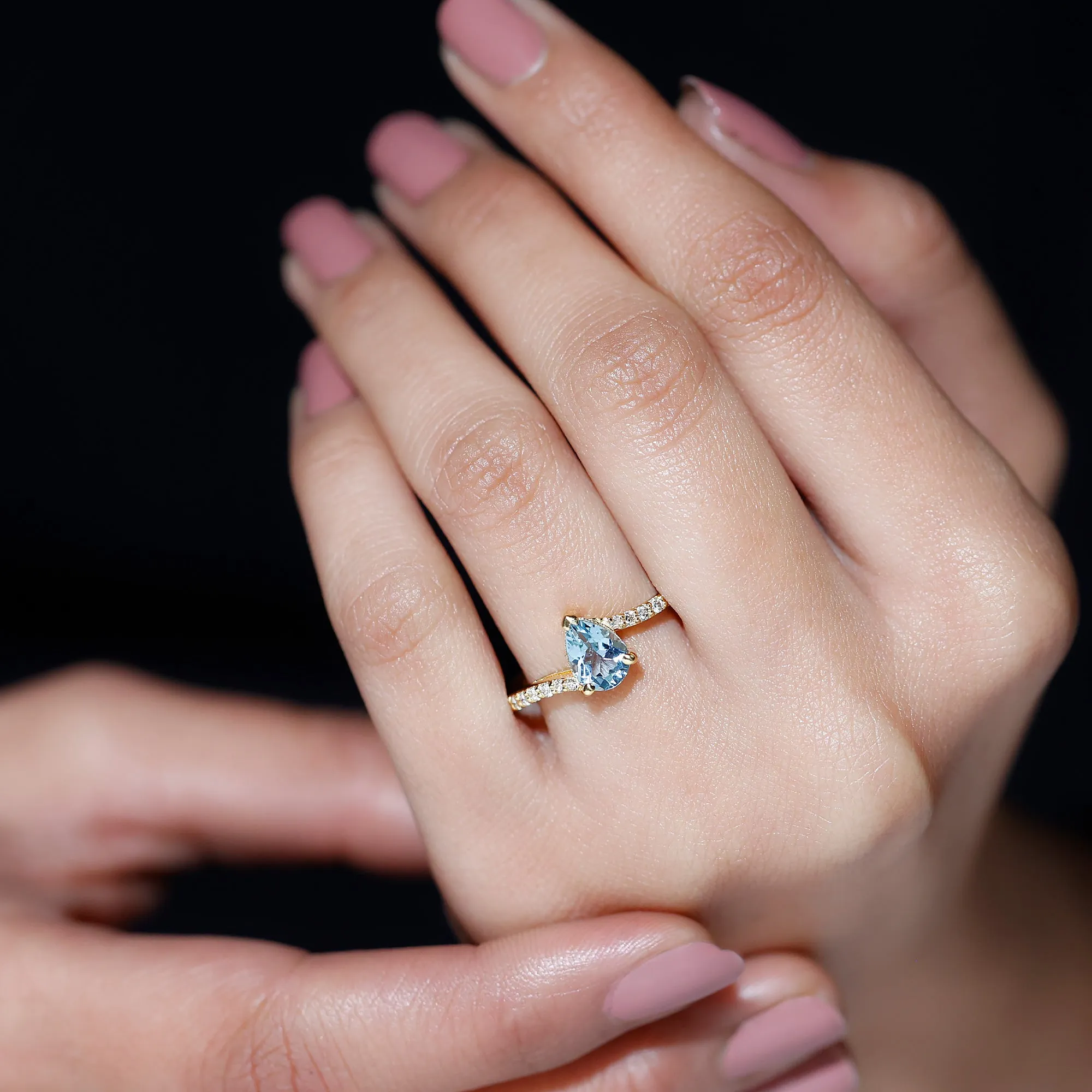 Pear Cut Aquamarine Solitaire Ring with Diamond Bypass Shank