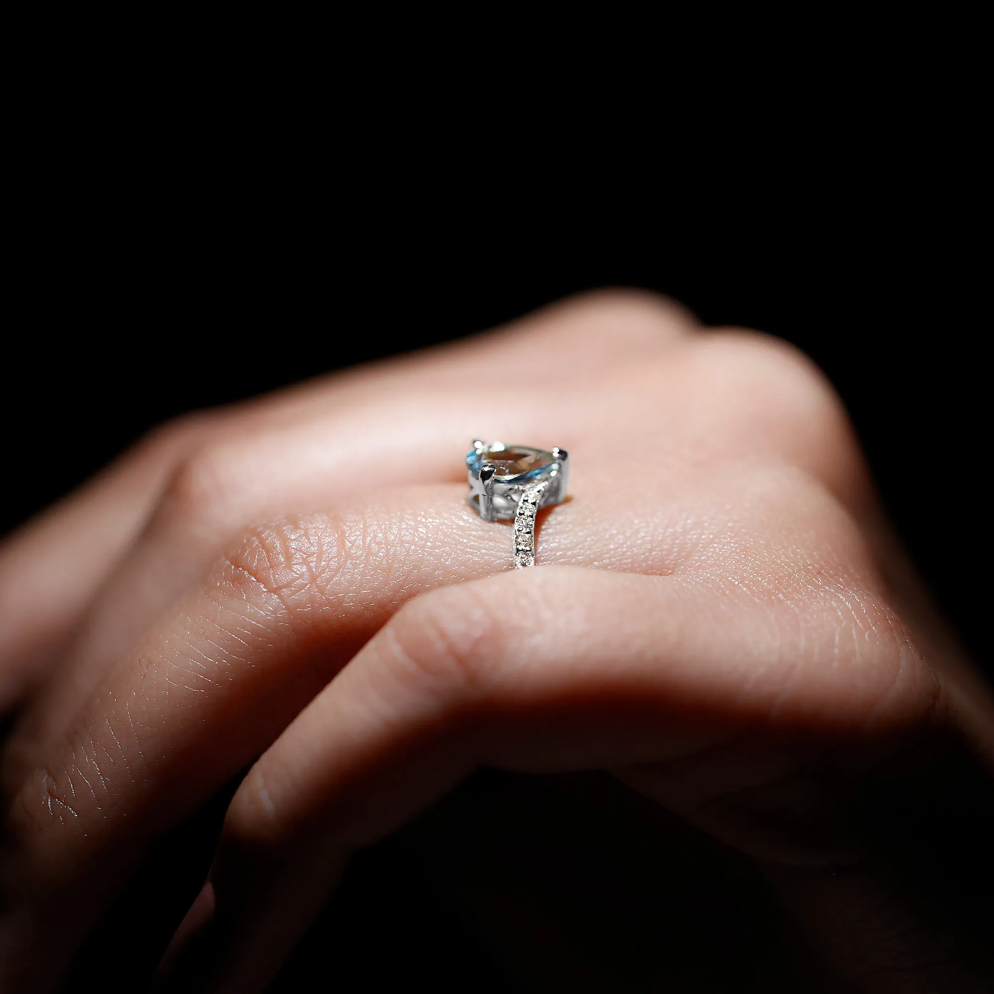 Pear Cut Aquamarine Solitaire Ring with Diamond Bypass Shank
