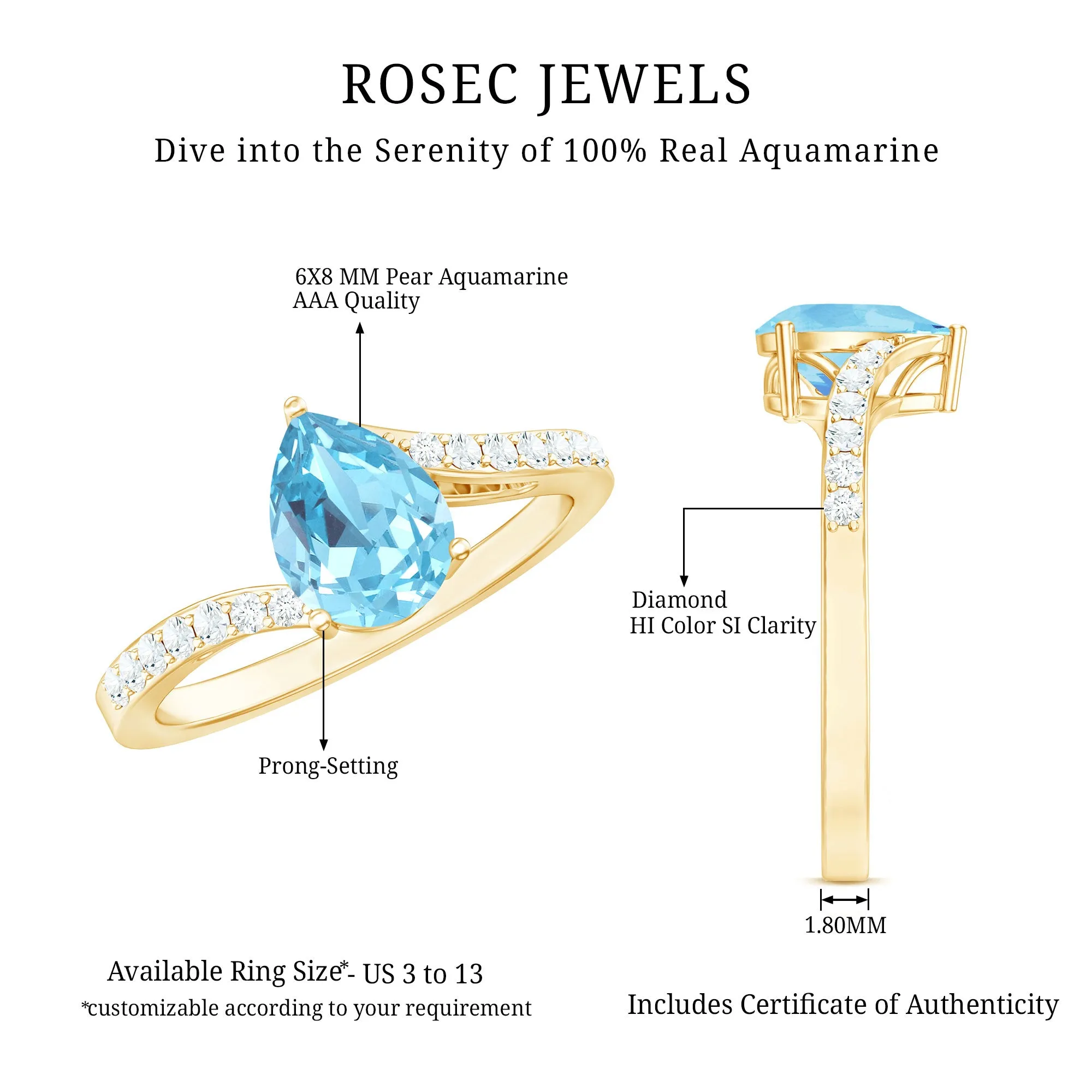 Pear Cut Aquamarine Solitaire Ring with Diamond Bypass Shank